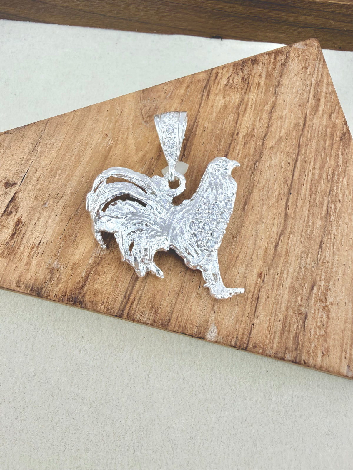 Sterling Silver Rooster Pendant – Detailed Rooster Charm with Sparkling CZ Stones