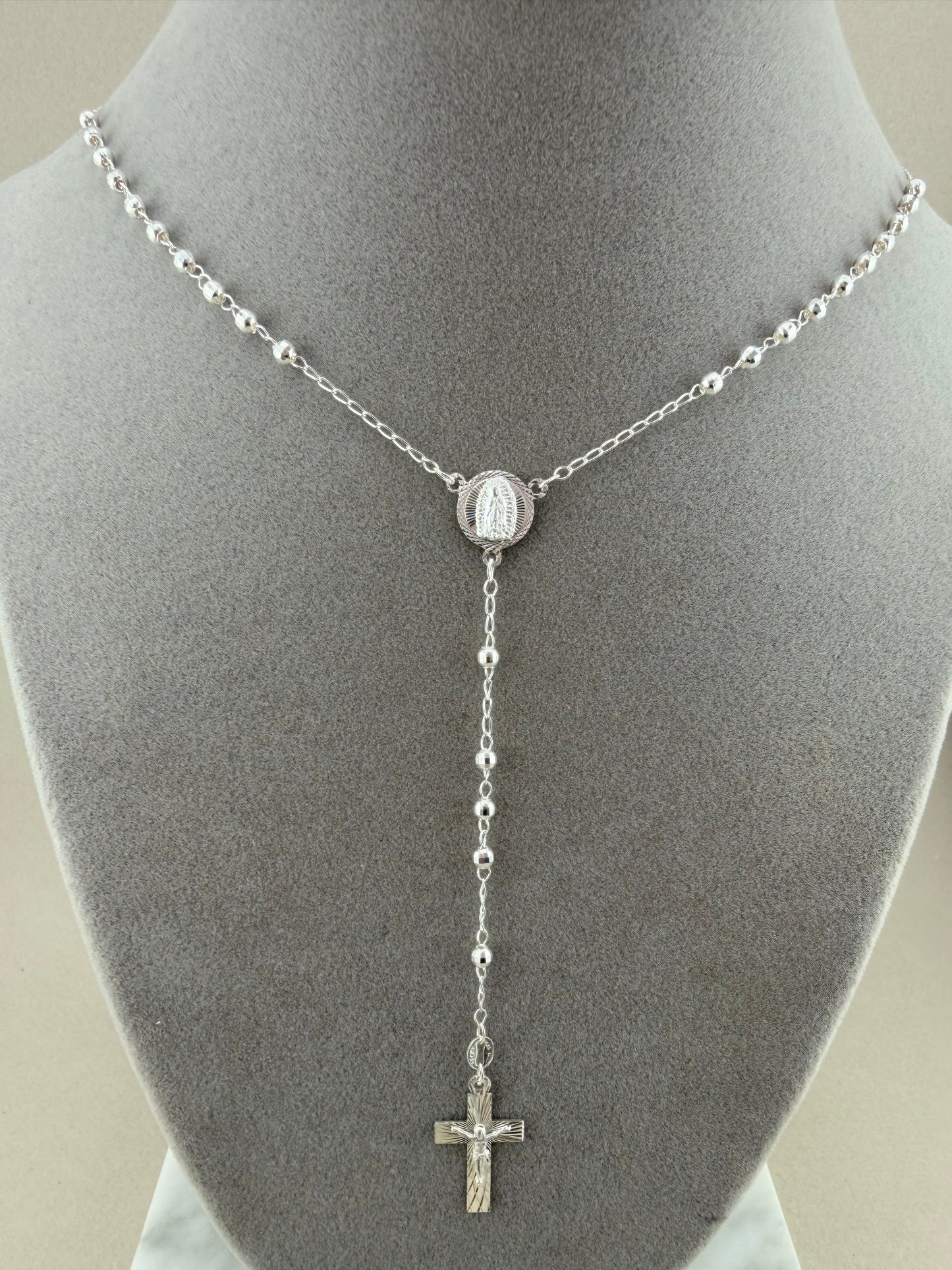 24" Sterling Silver Rosary Necklace with Virgin Mary & Crucifix | 3mm Beads