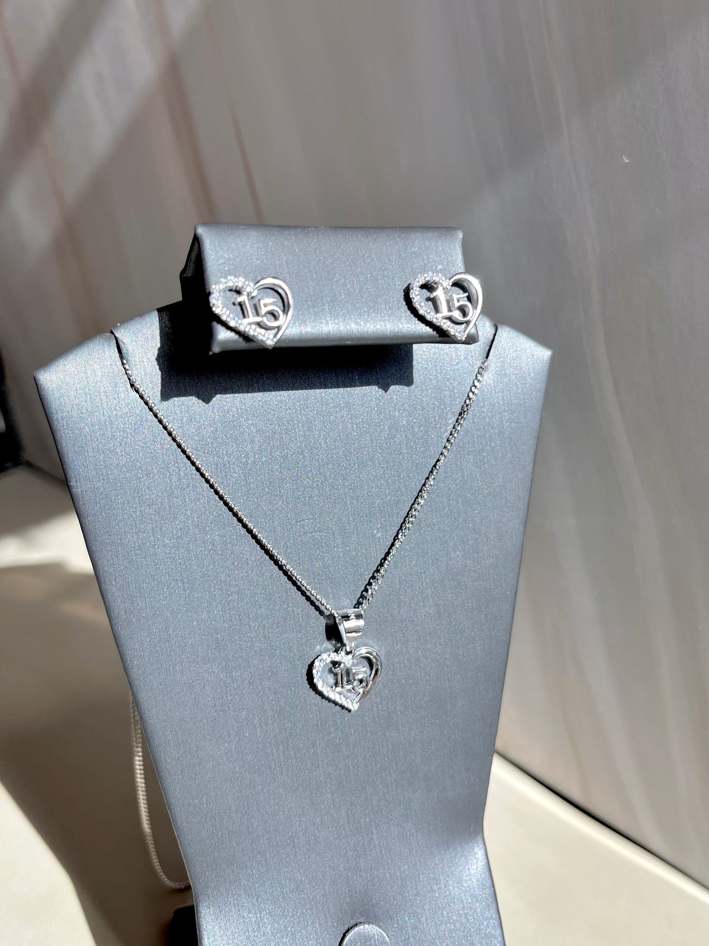 Quinceañera Jewelry Set Sterling Silver .925 – Necklace & Heart Earrings for Girls | Set de Joyería de Quinceañera Plata .925