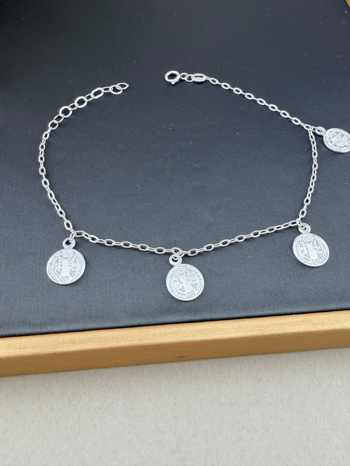Sterling Silver 925 Saint Benedict Dangle Bracelet – Adjustable 7–8 Inch