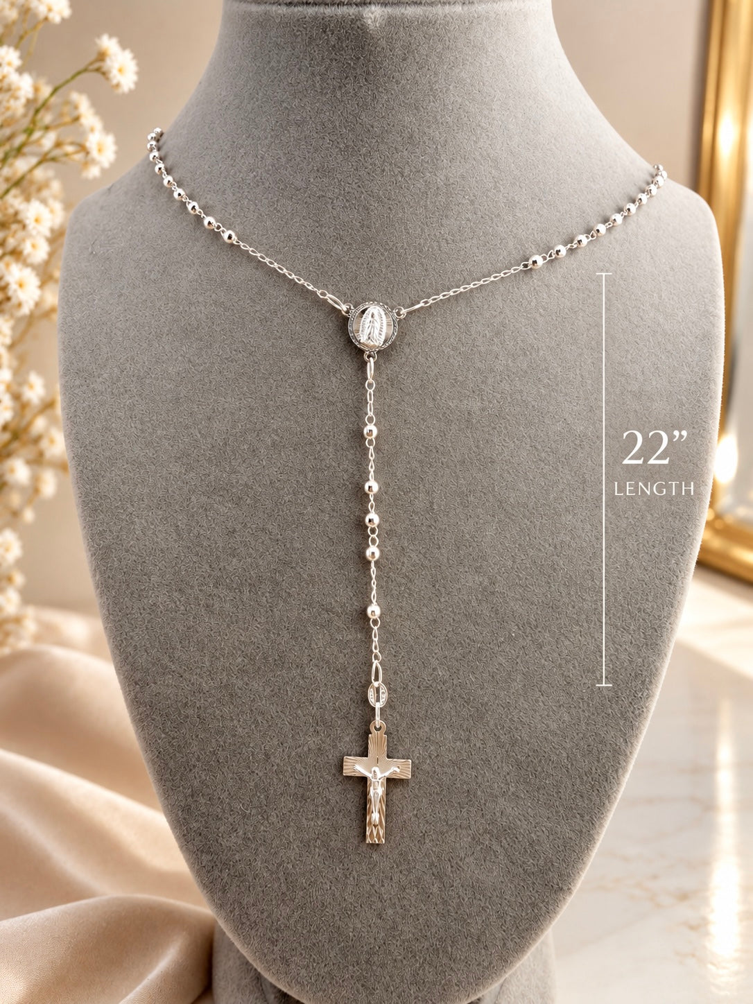 Silver 925 rosary necklace Virgin Mary 22”