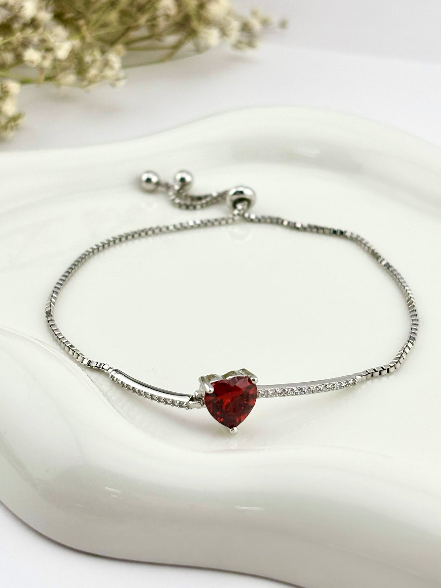 925 Sterling Silver Adjustable Heart Bracelet with Red CZ – Valentine’s Day Jewelry Gift
