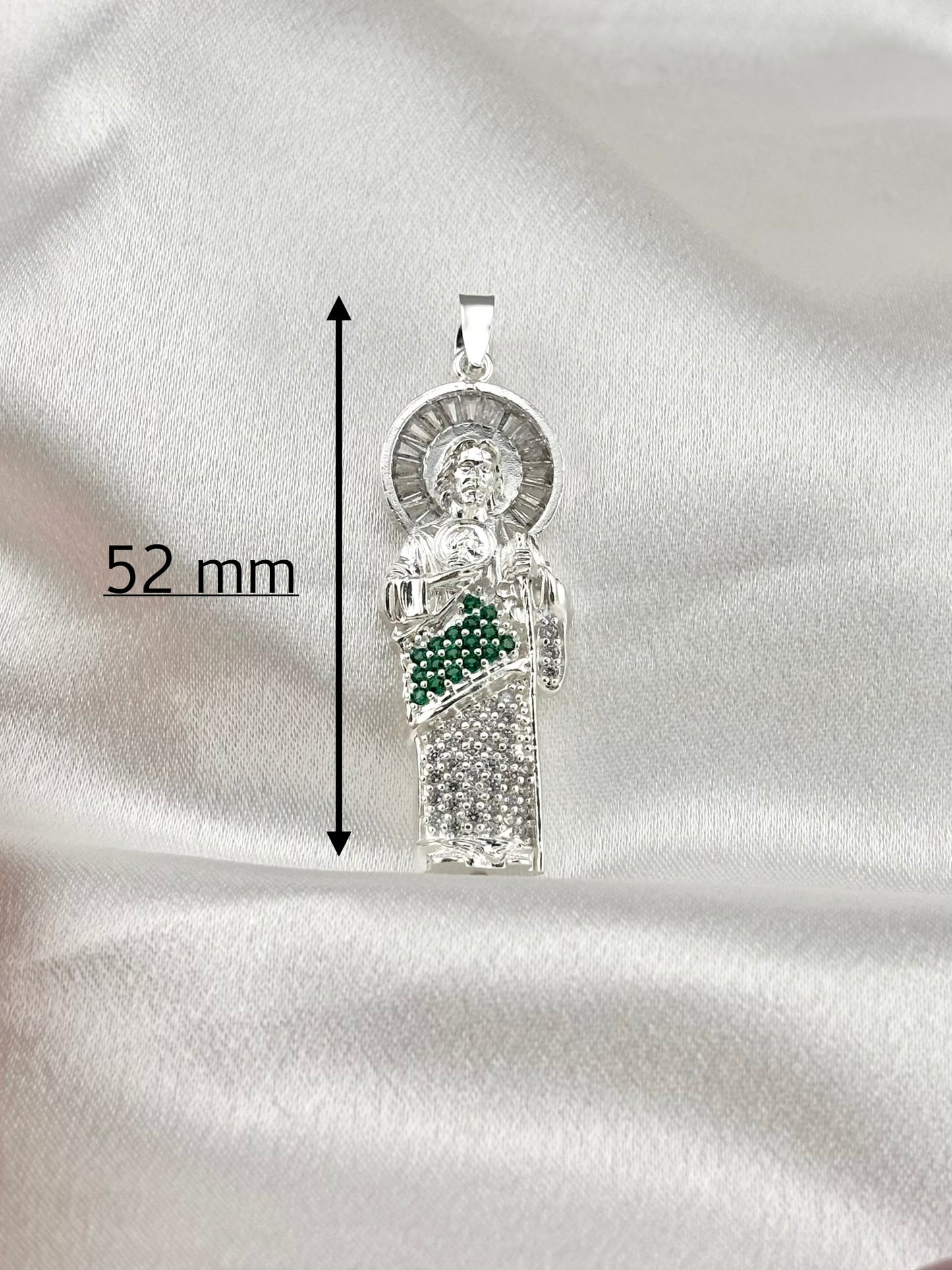 Saint Jude Sterling Silver 925 Pendant with Green & Clear CZ Stones – Patron Saint of Hope