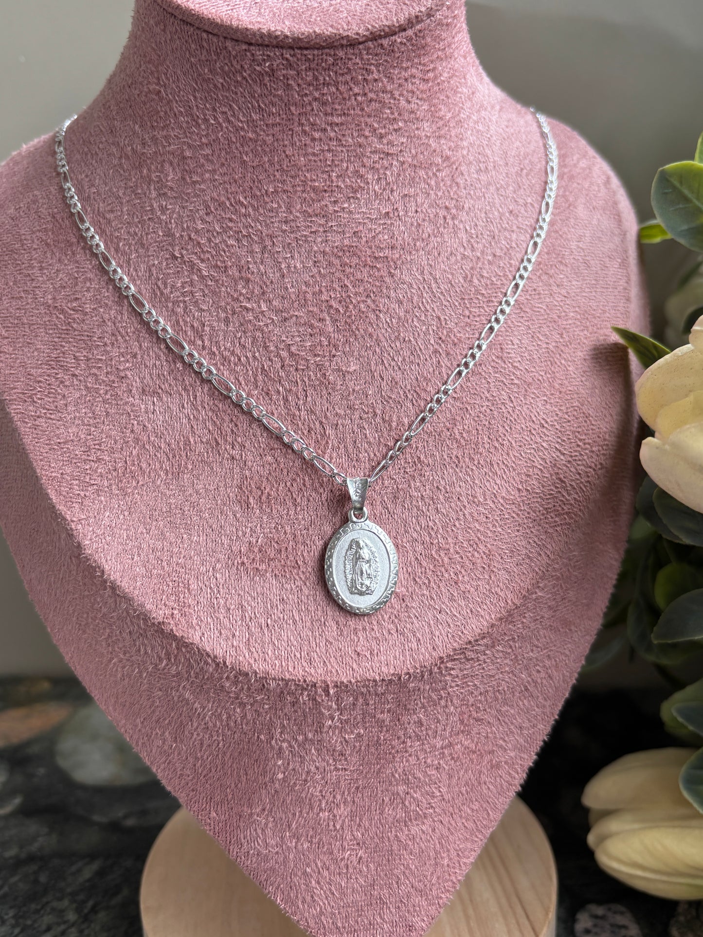 Virgin Mary Necklace sterling silver 925 | Figaro chain necklace 19”| Virgencita necklace