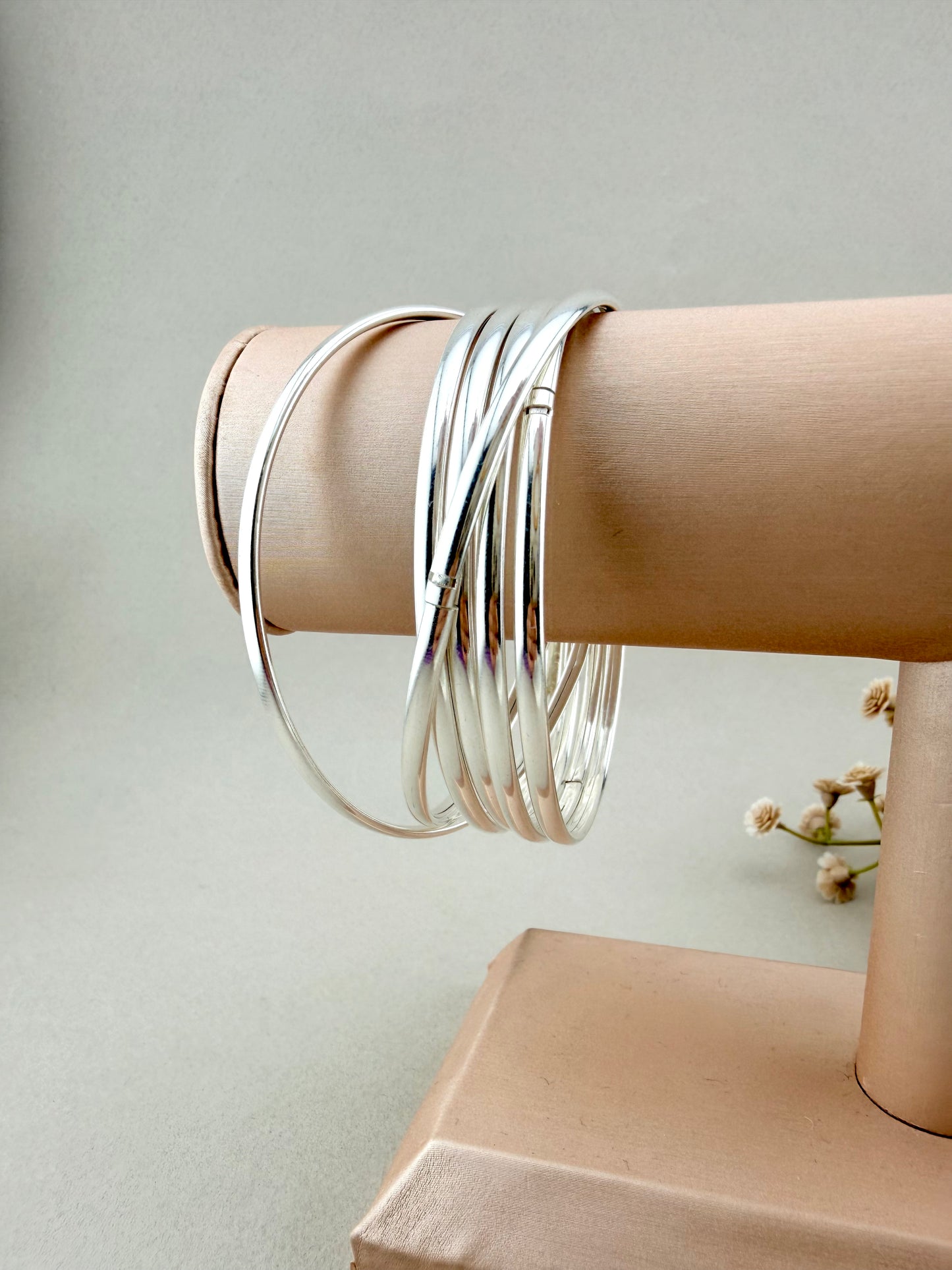 925 Sterling Silver 7 Bangle Bracelet Set for Women | Mexican Semanario Stack Bracelets | 65mm