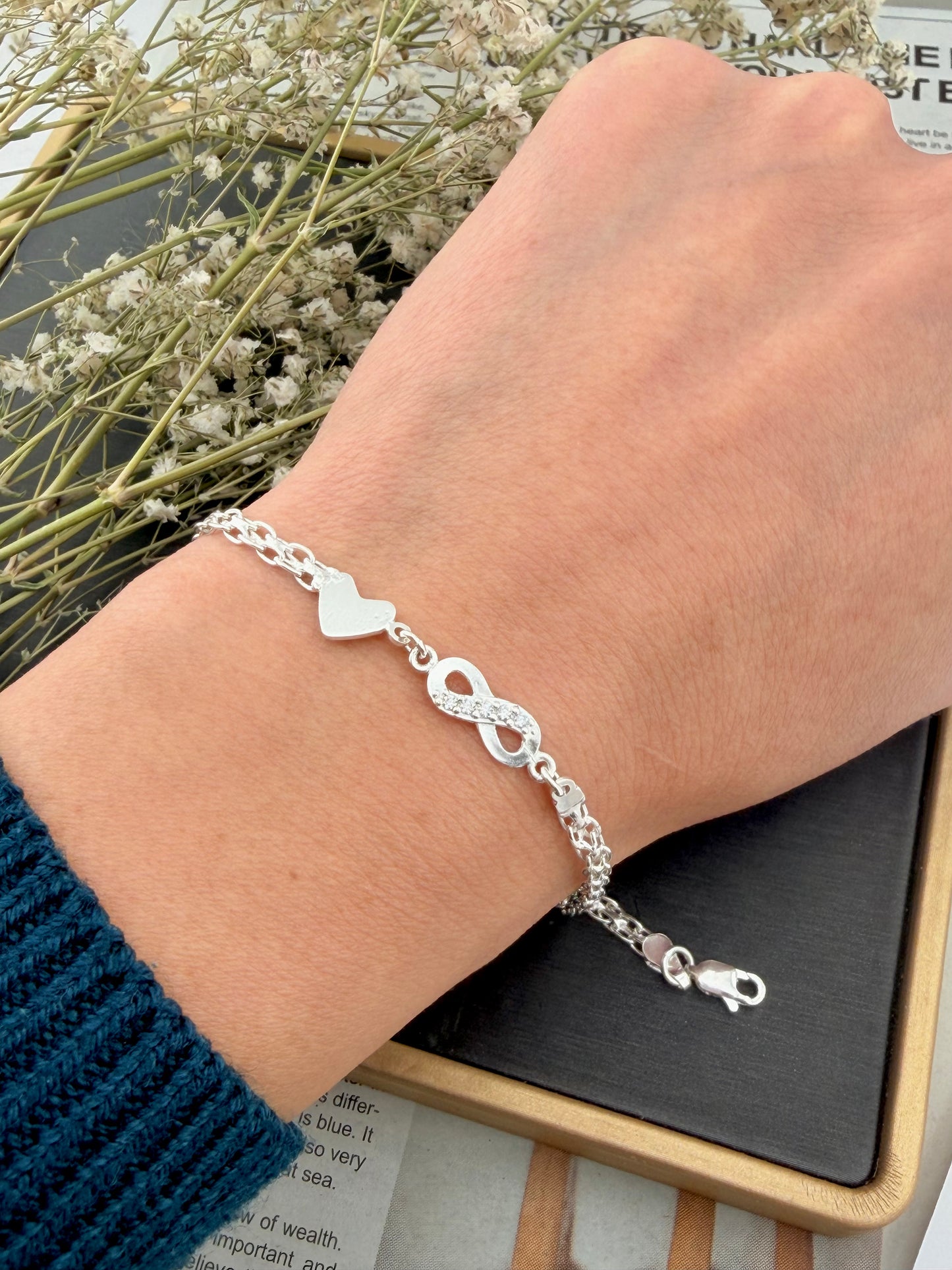 Sterling Silver 925 Infinity Heart Bracelet | Bismarck Chain 7.5” |Pulsera de plata .925