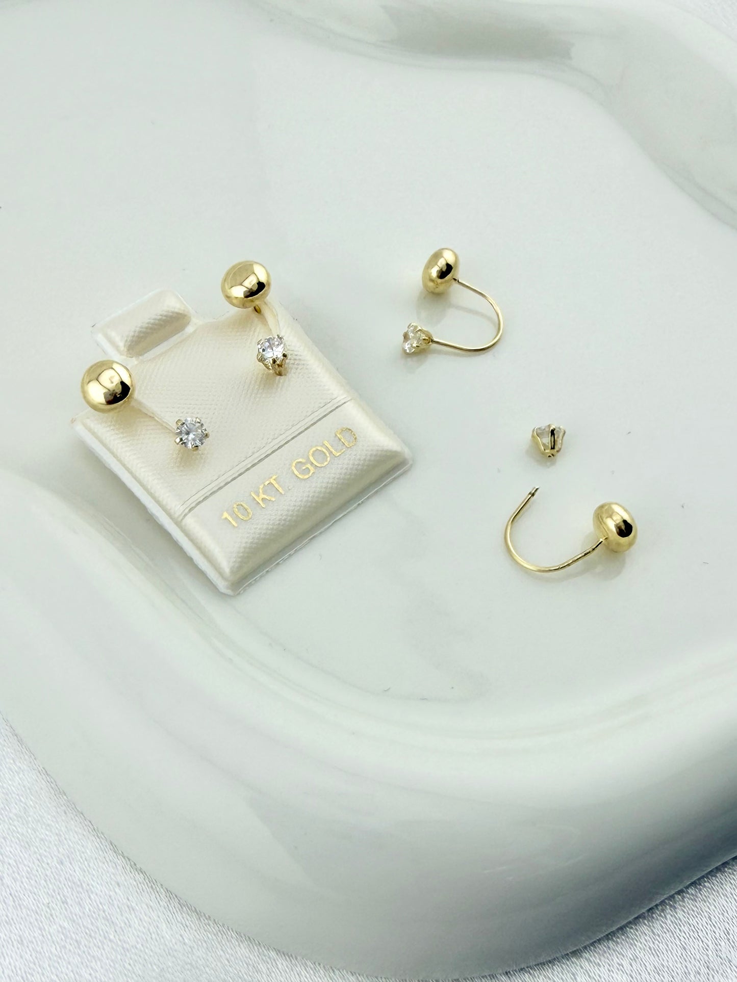 10K Solid Gold Curved Stud Earrings – Telephone Style Earrings with CZ Accent | Elegant Everyday Gold Earrings for Women