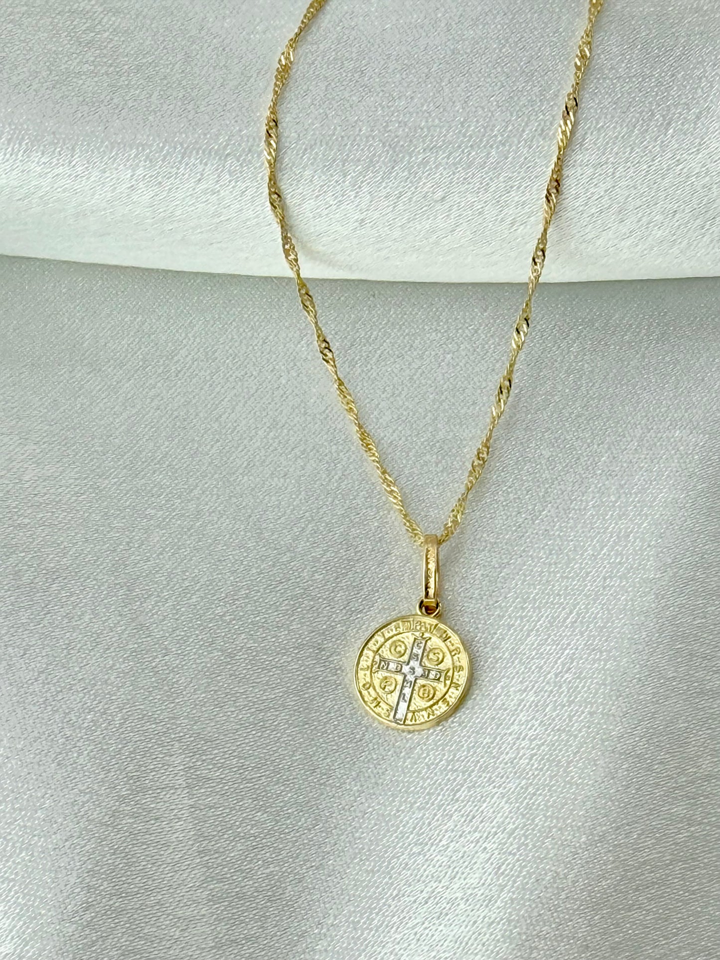 10K Saint Benedict necklace Two-Tone Solid Gold - 18" Singapore Chain