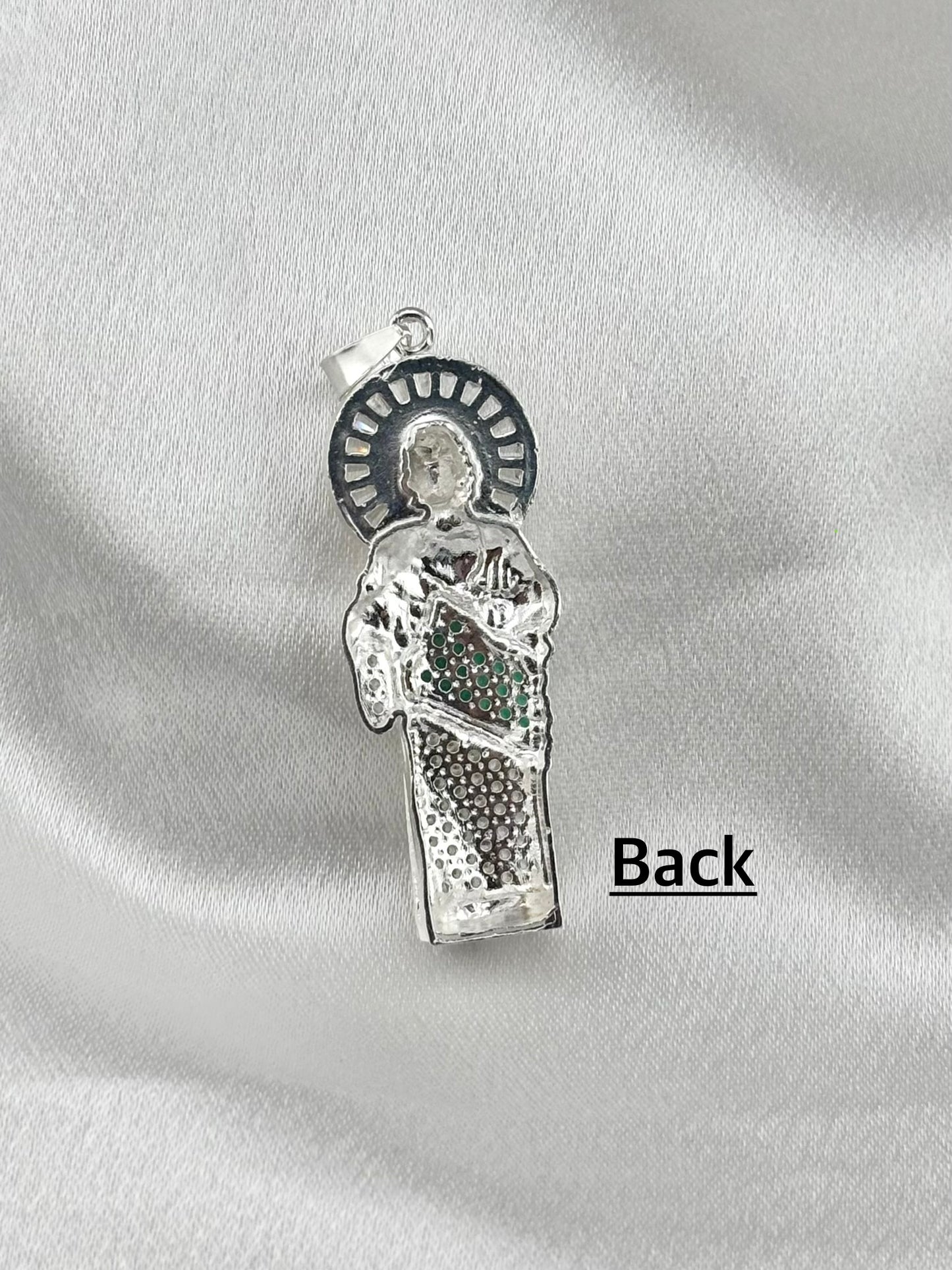 Saint Jude Sterling Silver 925 Pendant with Green & Clear CZ Stones – Patron Saint of Hope