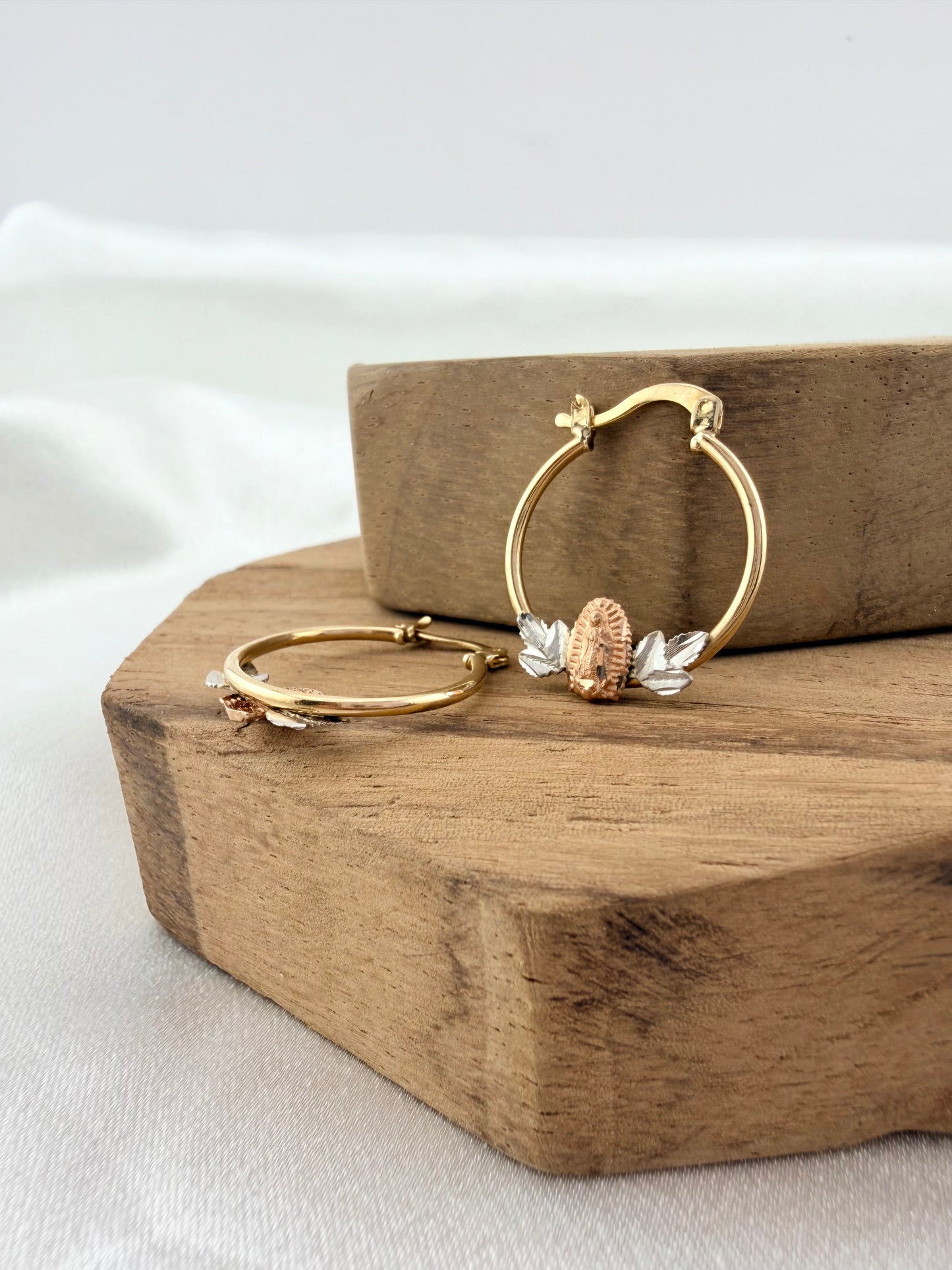 Gold 10k virgencita hoop earrings, Mexican jewelry, Virgin Mary hoops Tri tone gold