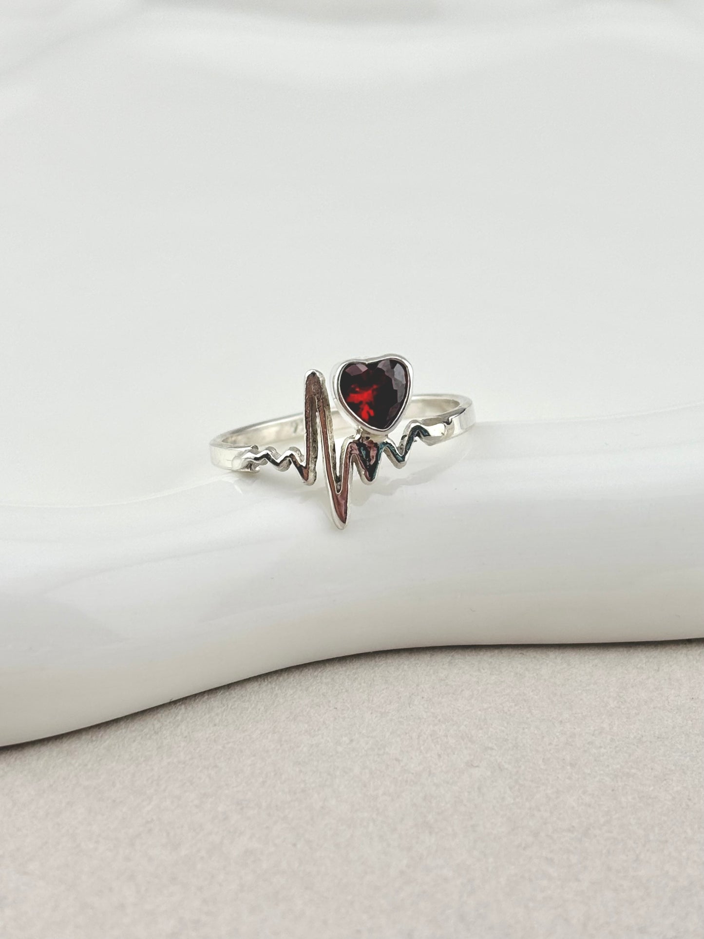 925 Sterling Silver Heartbeat Ring with Red Heart CZ | Nurse Gift | ECG Heart Ring | Medical Jewelry for Women | Heartbeat Promise Ring