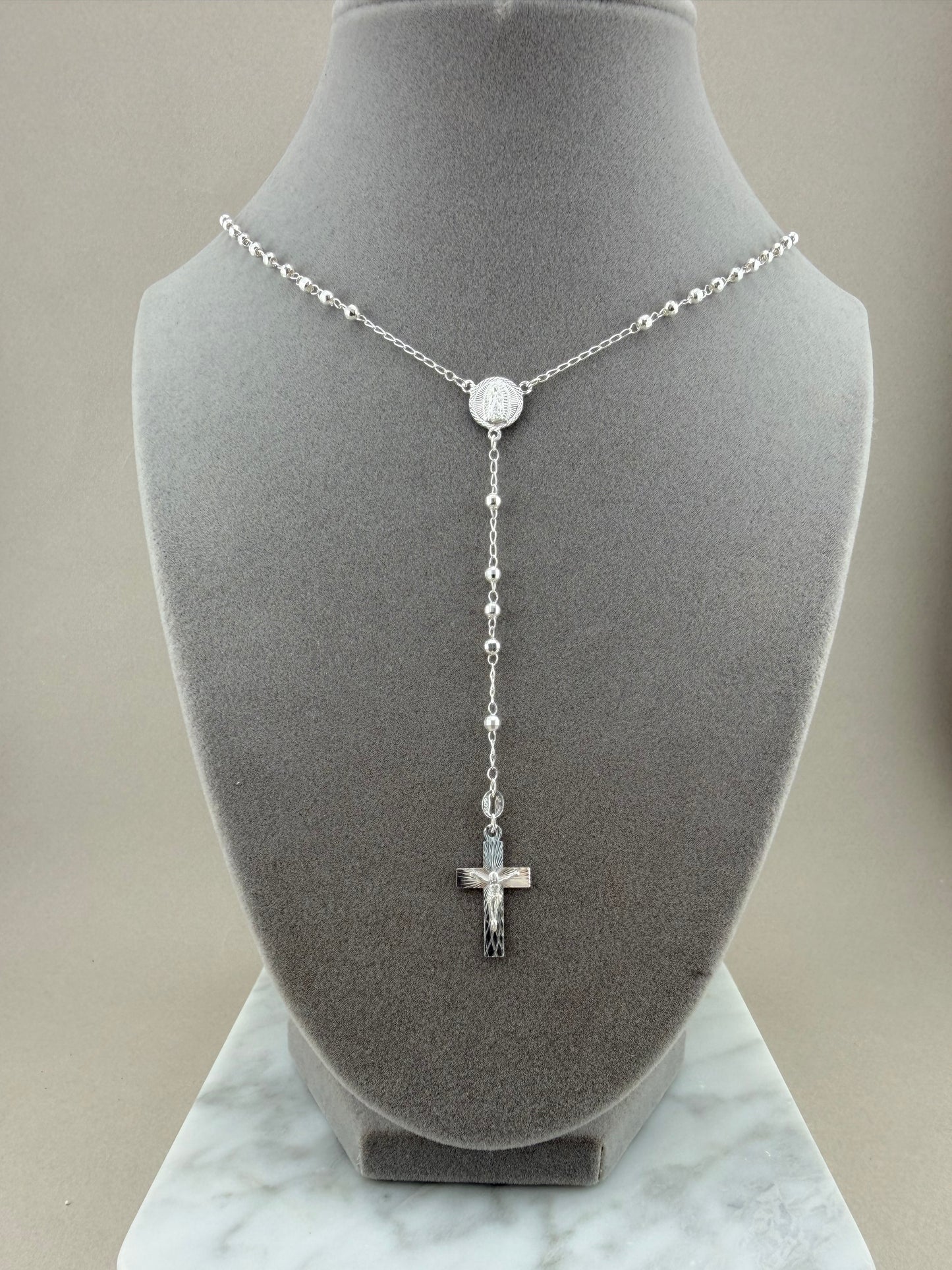 24" Sterling Silver Rosary Necklace with Virgin Mary & Crucifix | 3mm Beads