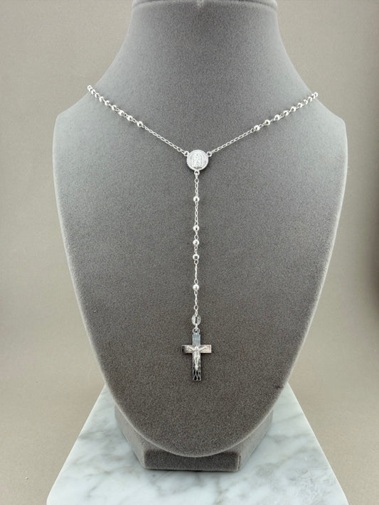24" Sterling Silver Rosary Necklace with Virgin Mary & Crucifix | 3mm Beads