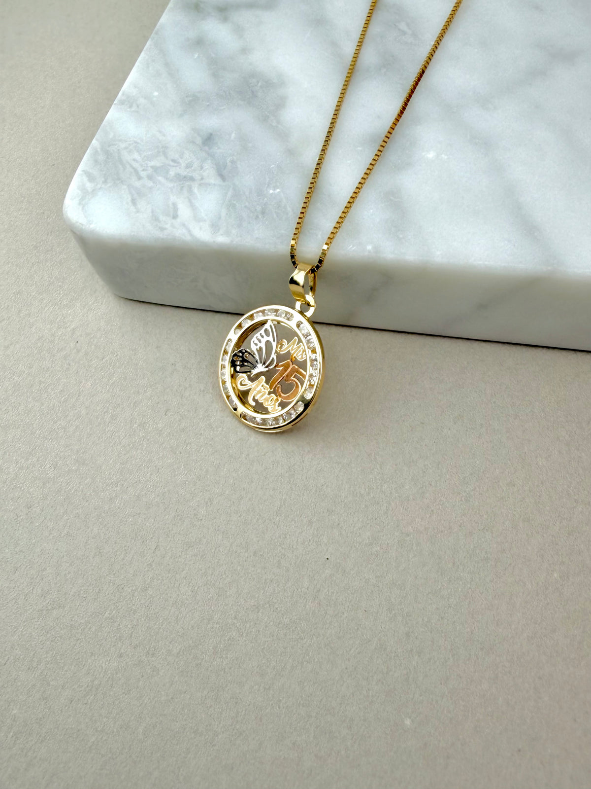 10k Gold quinceañera necklace with box chain 20” butterfly  charm