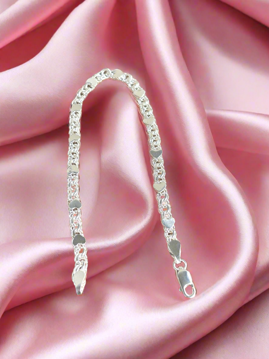 Sterling Silver 925 Chino Link Bracelet with Hearts, pulsera de plata .925