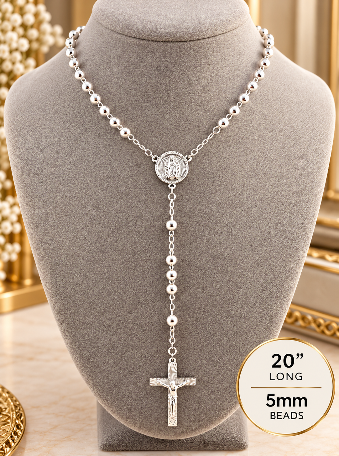 925 Sterling Silver Rosary Necklace, 20 Inch, 5mm Beads, Virgin Mary & Crucifix