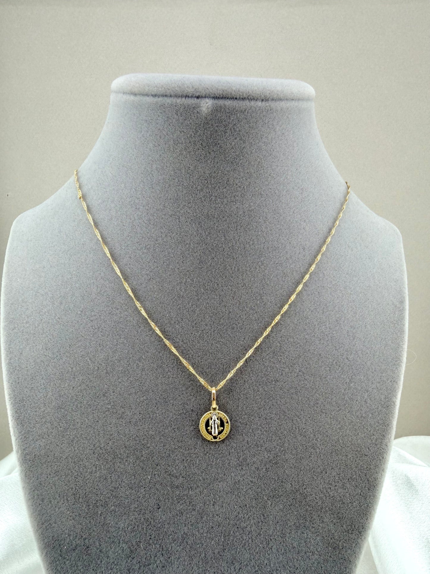 10K Saint Benedict necklace Two-Tone Solid Gold - 18" Singapore Chain
