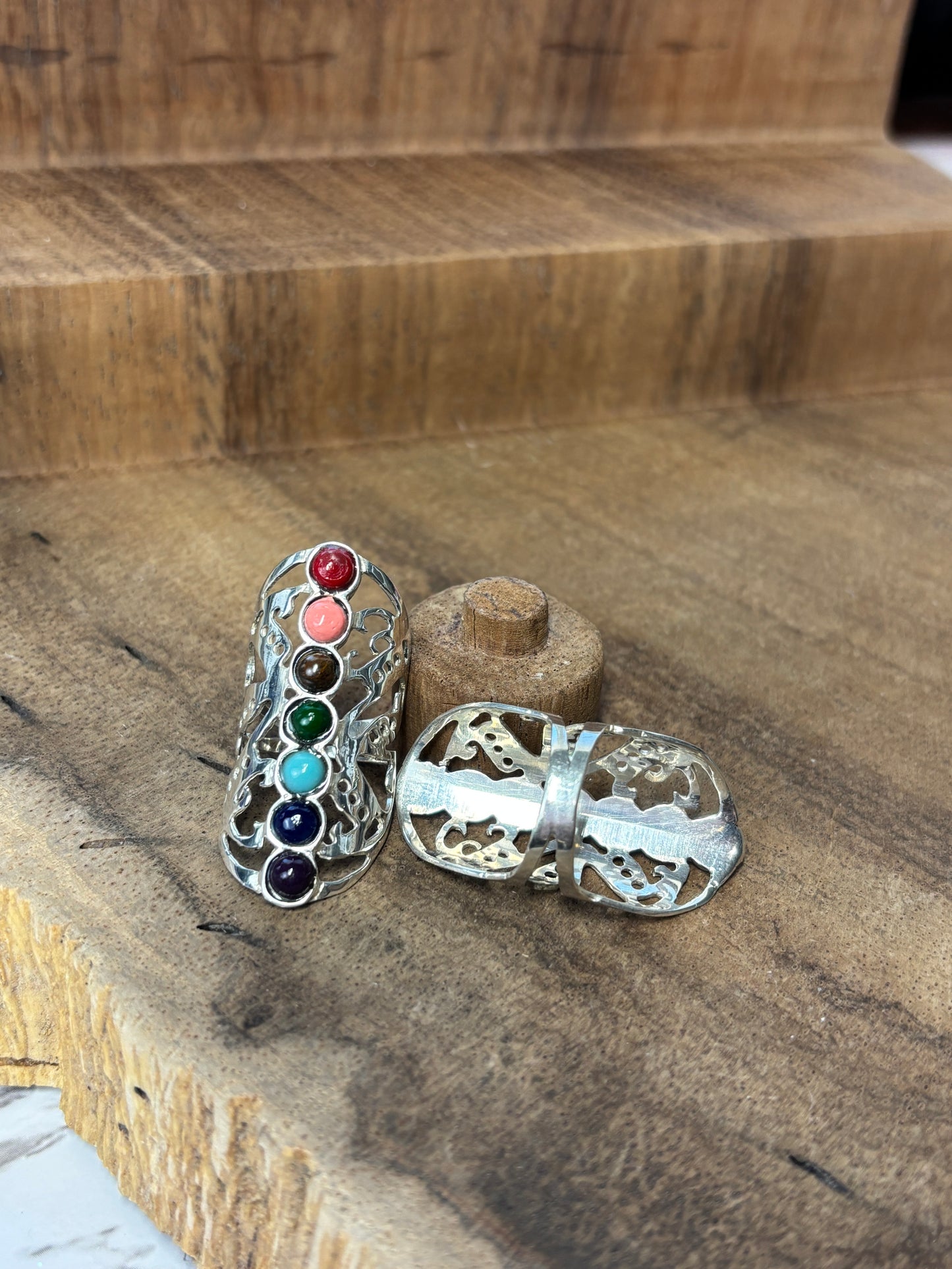 925 Sterling Silver 7 Chakra Ring – Natural Gemstones, Long Healing Ring, Anillo de plata 925 7 chakras