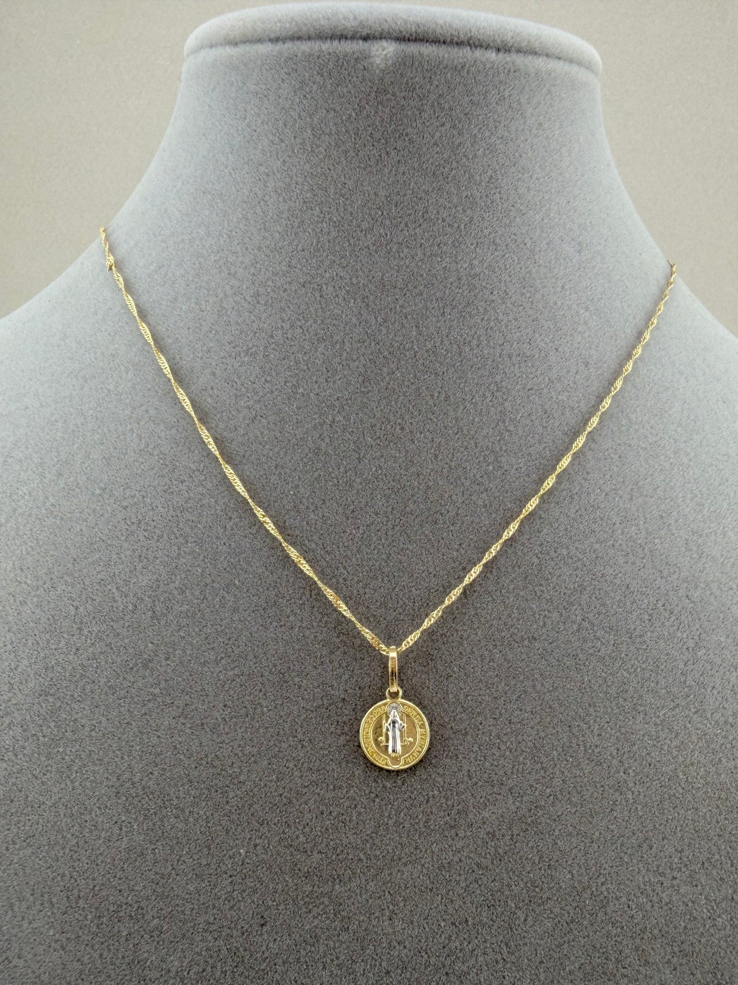 10K Saint Benedict necklace Two-Tone Solid Gold - 18" Singapore Chain