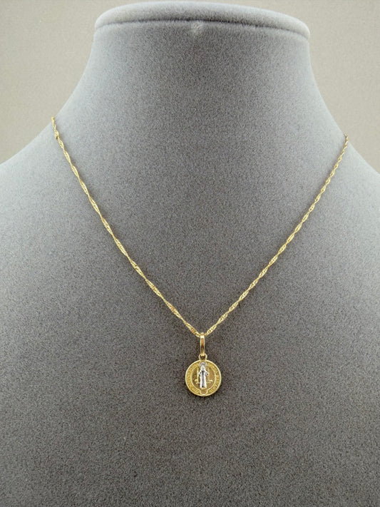 10K Saint Benedict necklace Two-Tone Solid Gold - 18" Singapore Chain