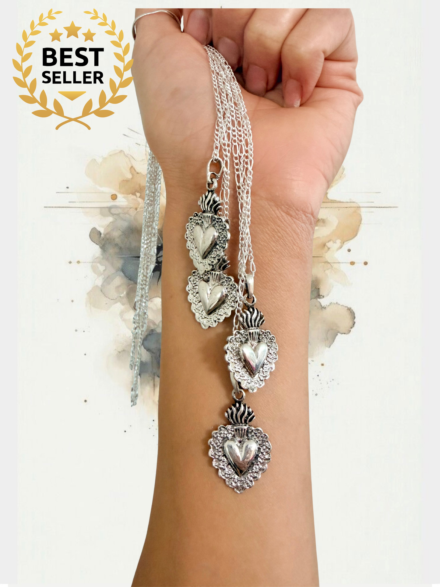 Sacred Heart Necklace in 925 Sterling Silver – Mexican design inspired in Frida khalo  Figaro Chain, Collar de sagrado corazón de plata .925 plata mexicana