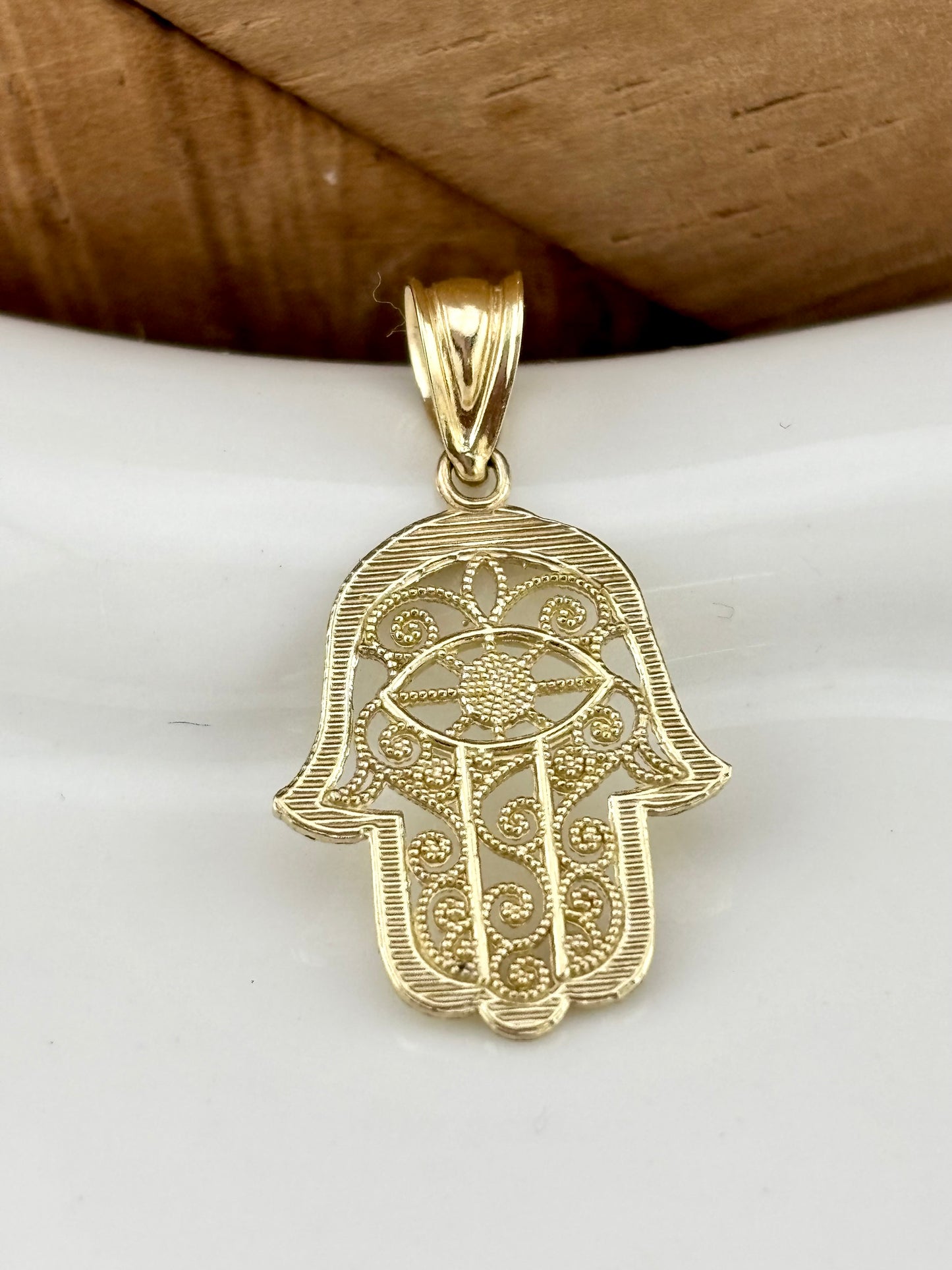 10K Solid Gold Hamsa Pendant | Hand of Fatima Protection Charm