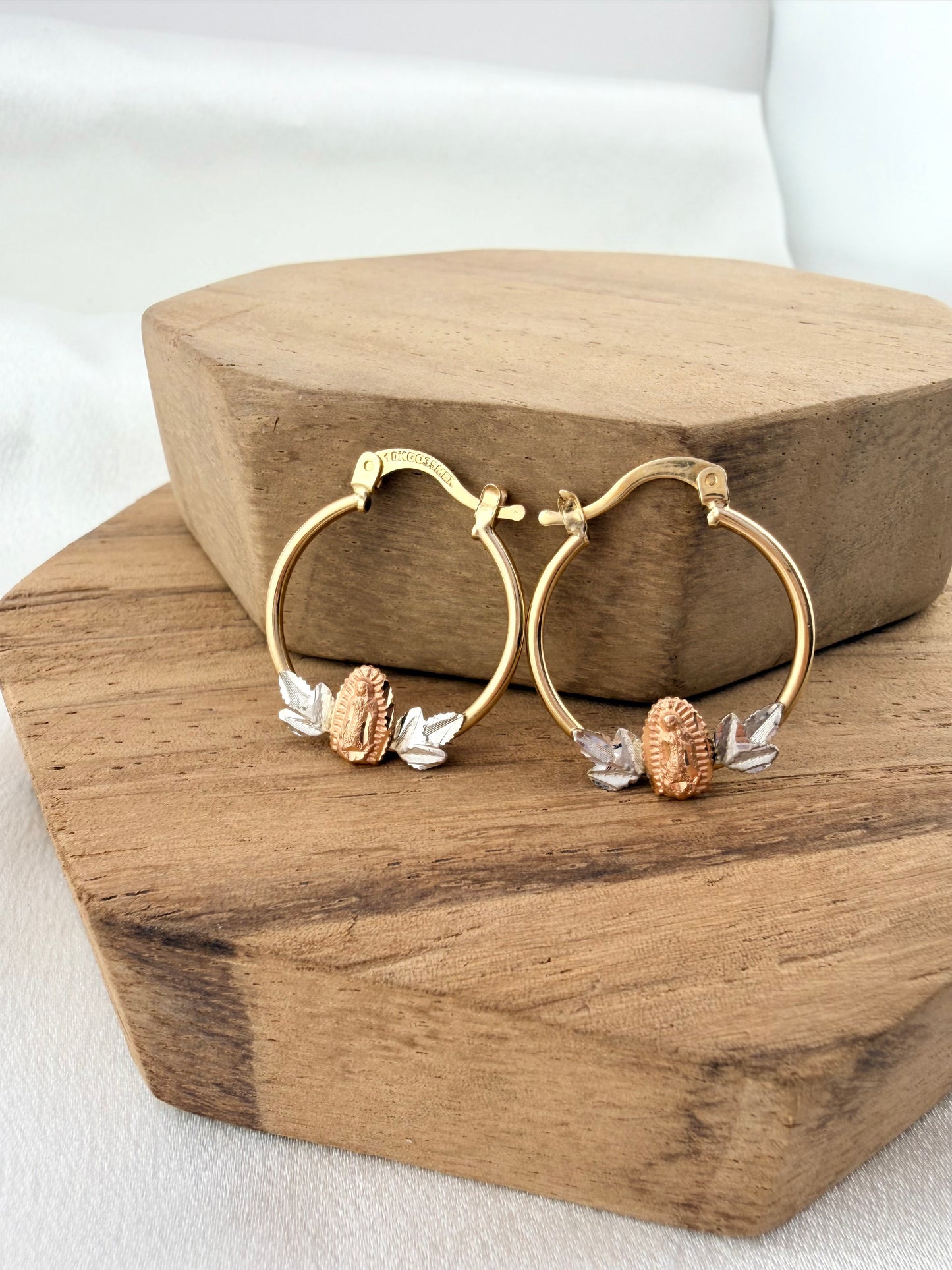 Gold 10k virgencita hoop earrings, Mexican jewelry, Virgin Mary hoops Tri tone gold
