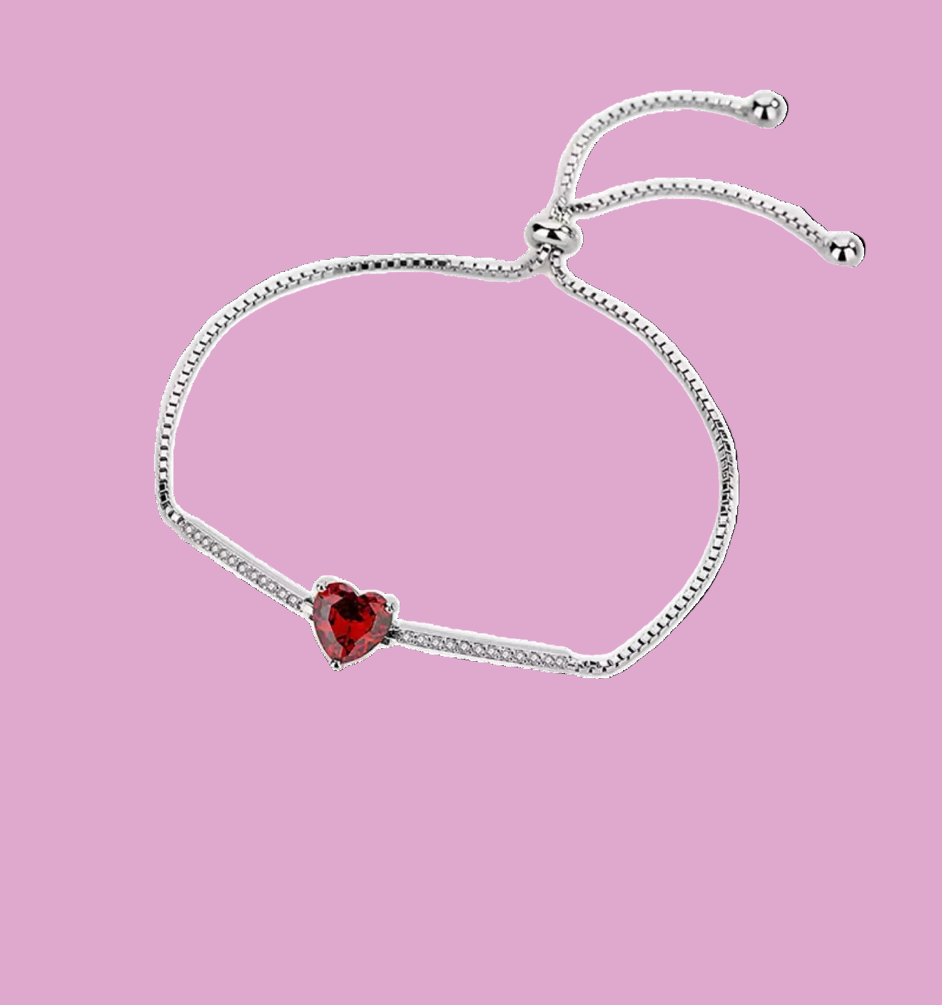 925 Sterling Silver Adjustable Heart Bracelet with Red CZ – Valentine’s Day Jewelry Gift