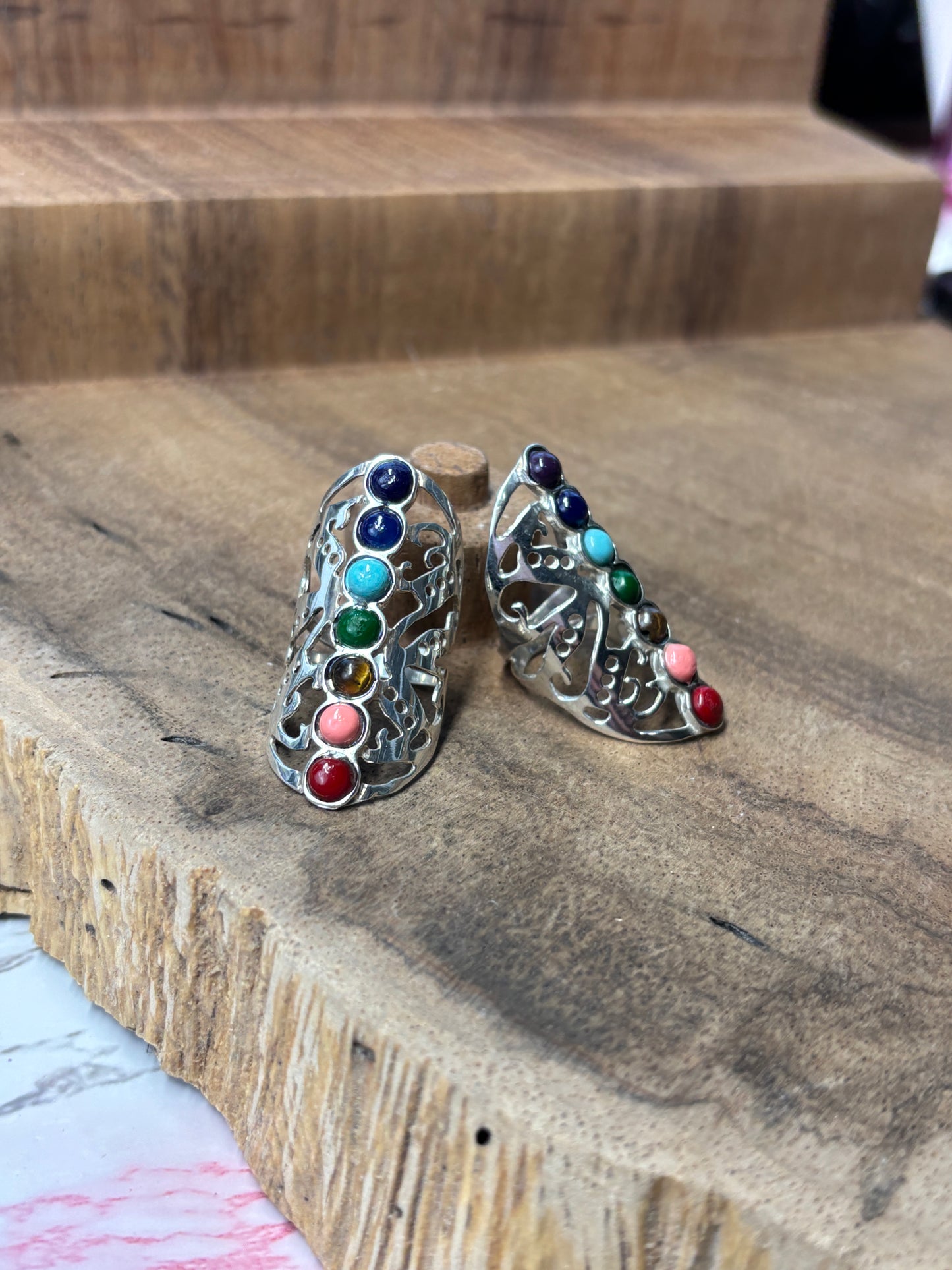 925 Sterling Silver 7 Chakra Ring – Natural Gemstones, Long Healing Ring, Anillo de plata 925 7 chakras