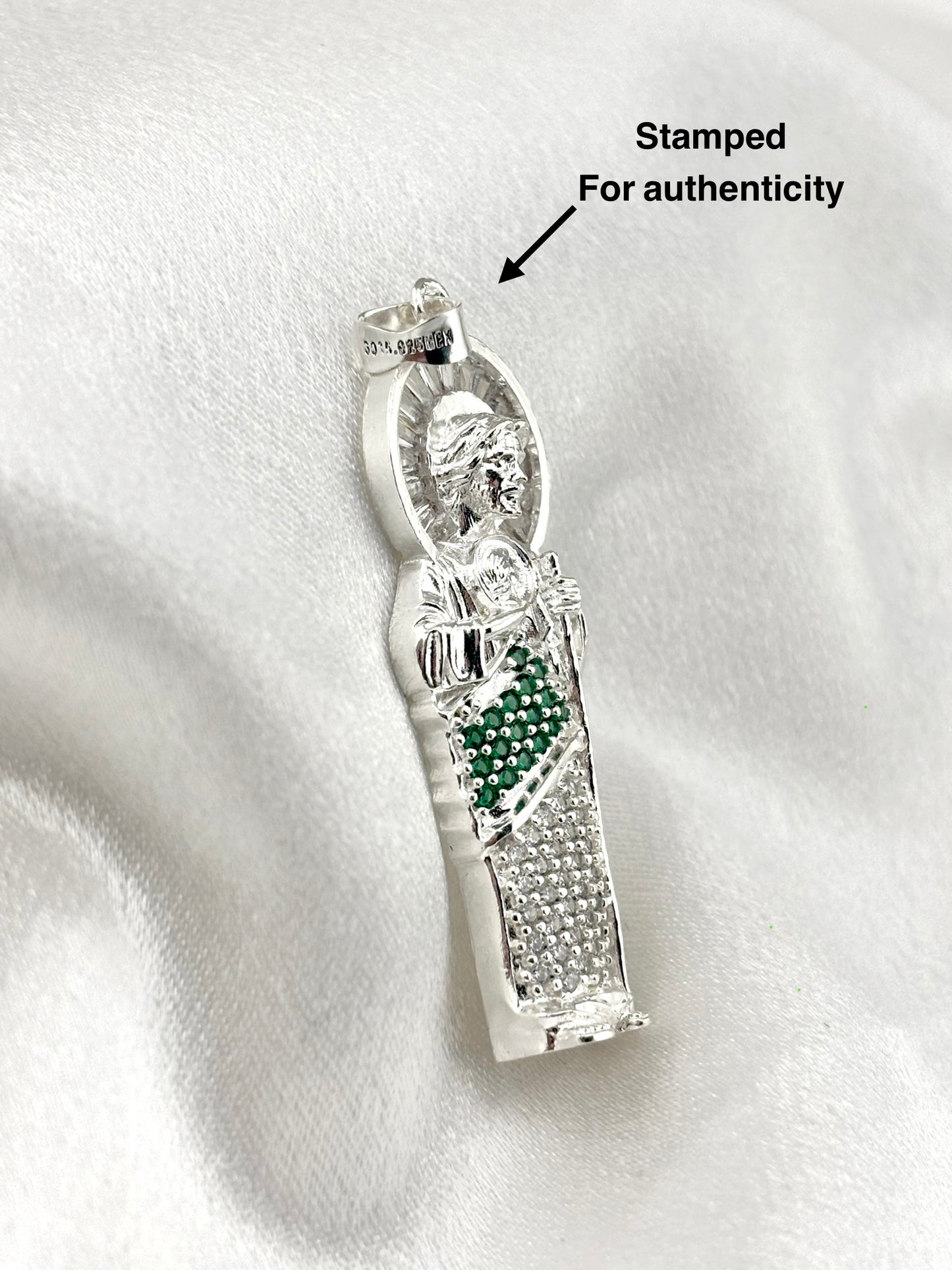 Saint Jude Sterling Silver 925 Pendant with Green & Clear CZ Stones – Patron Saint of Hope
