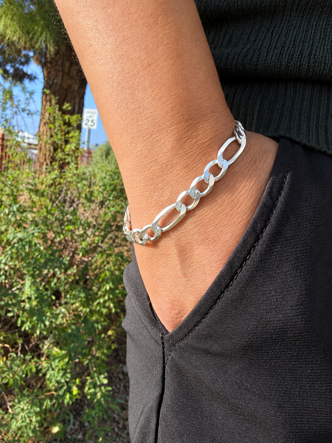Sterling Silver 925 Figaro Link Bracelet 8.5 Inch, 7mm Wide