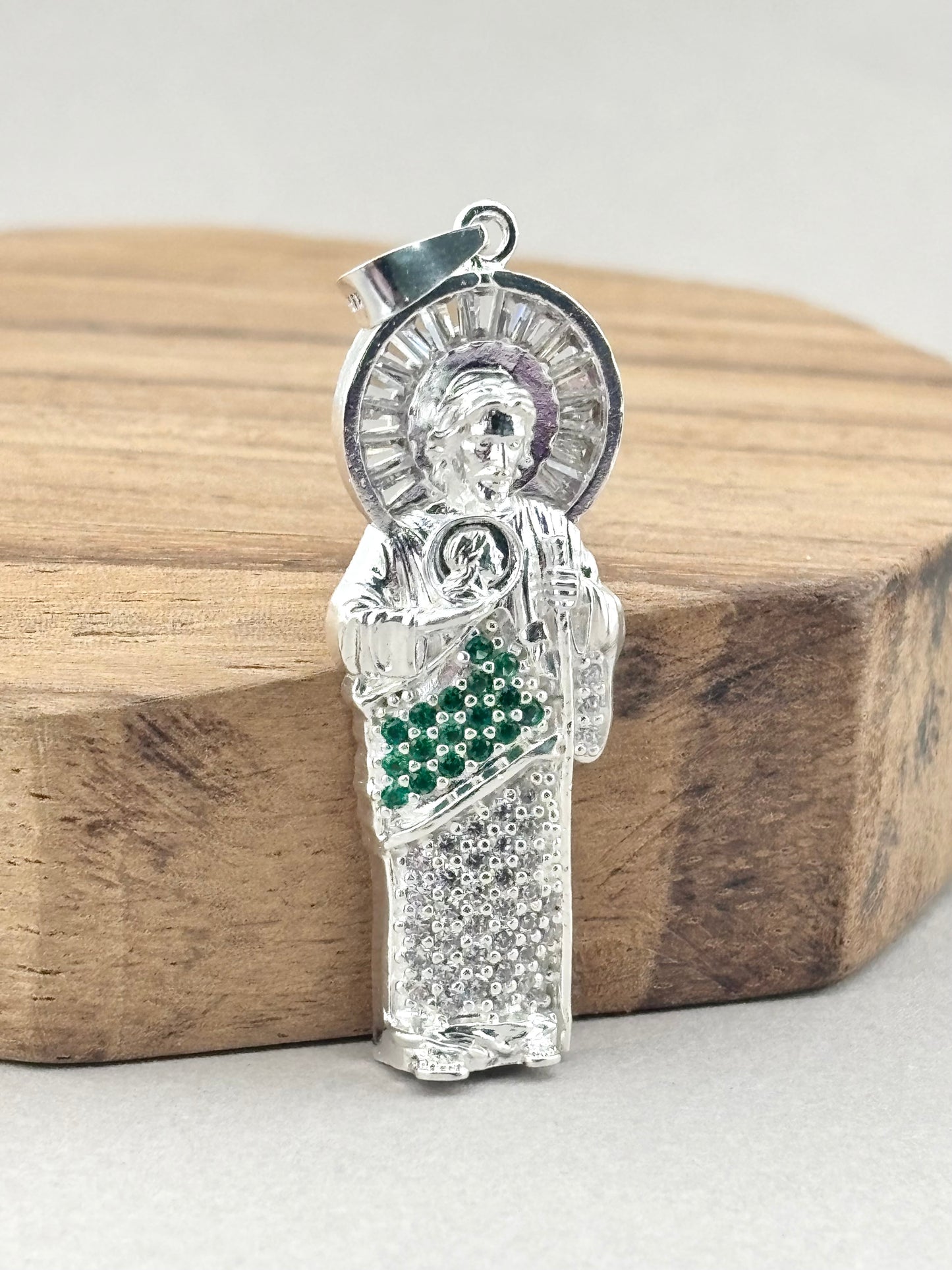 Saint Jude Sterling Silver 925 Pendant with Green & Clear CZ Stones – Patron Saint of Hope