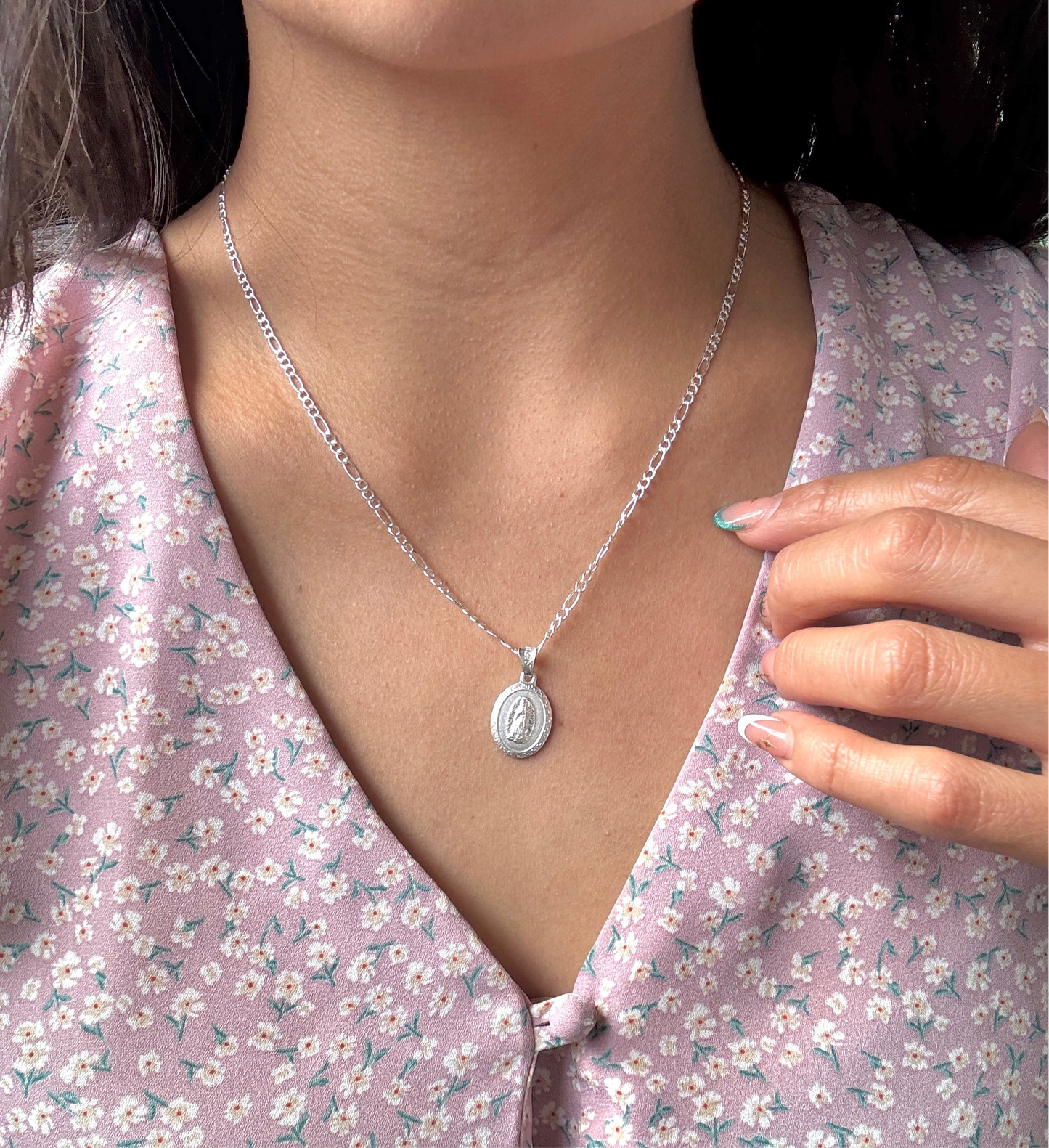 Virgin Mary Necklace sterling silver 925 | Figaro chain necklace 19”| Virgencita necklace