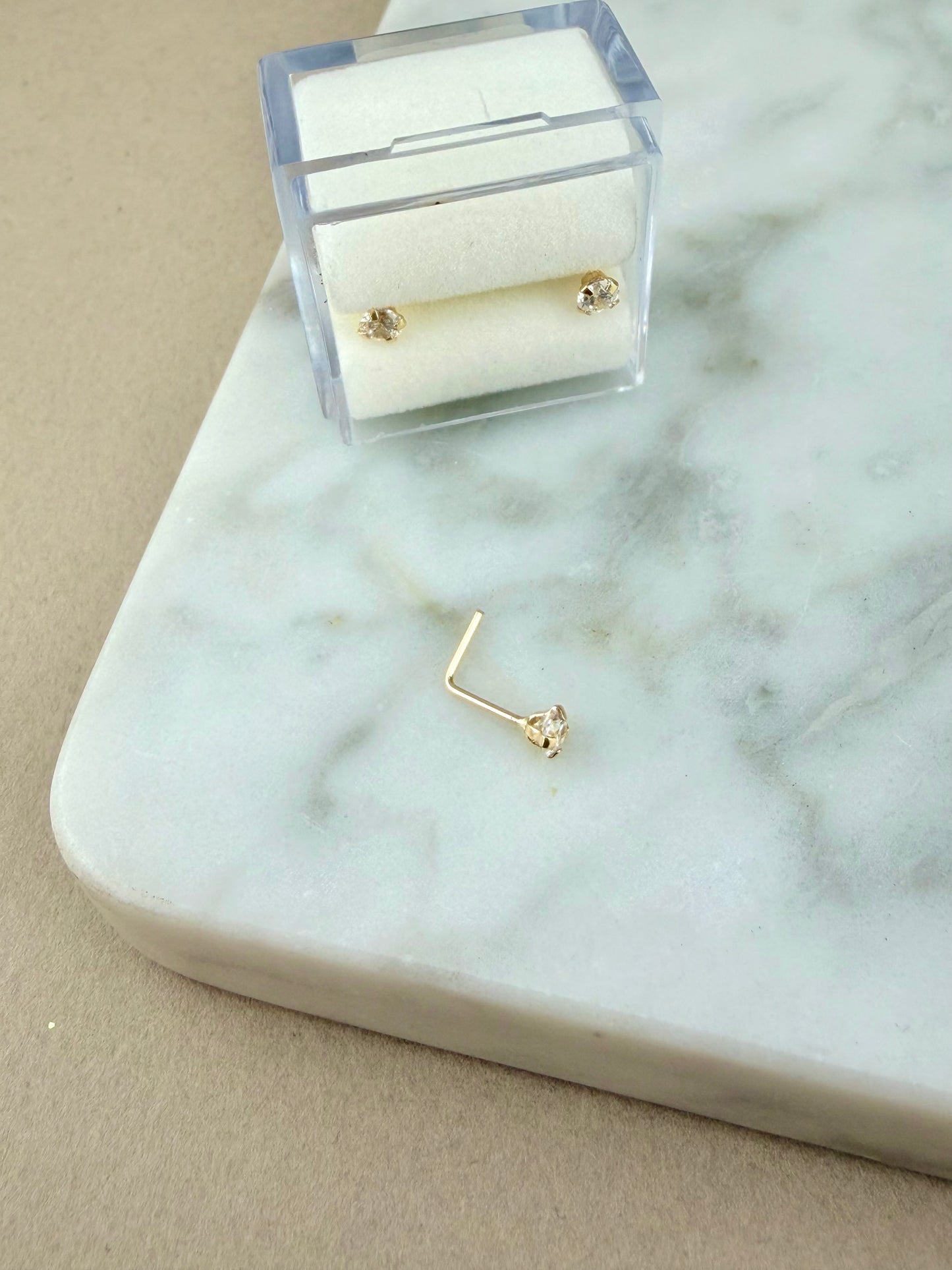 14K Solid Gold L Shape Nose Stud with CZ | Minimalist Gold Nose Piercing | Diamond Look Nose Ring