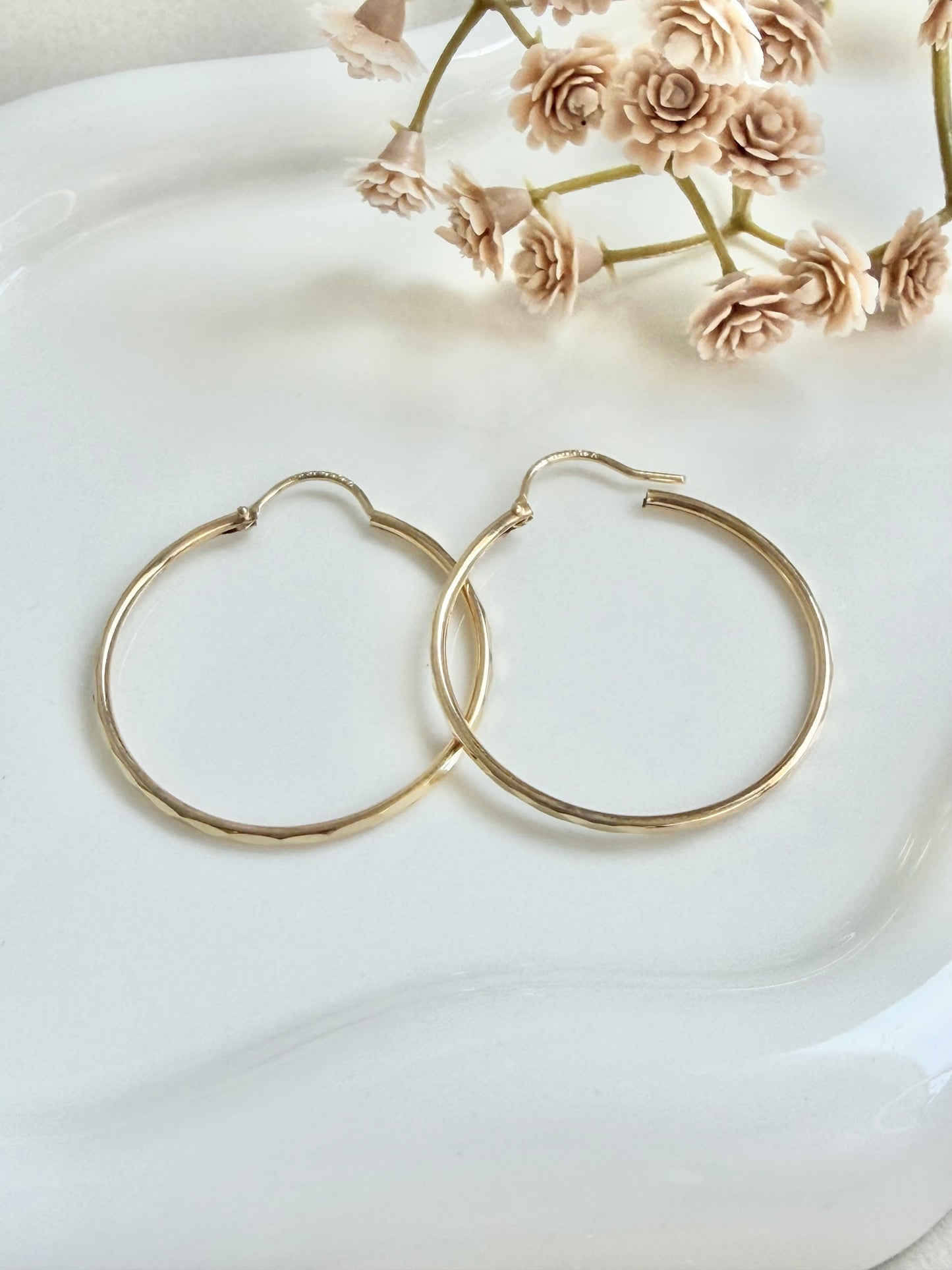 10kt Solid Gold Hoop Earrings for women - Classic lightweight diamond cut hooops