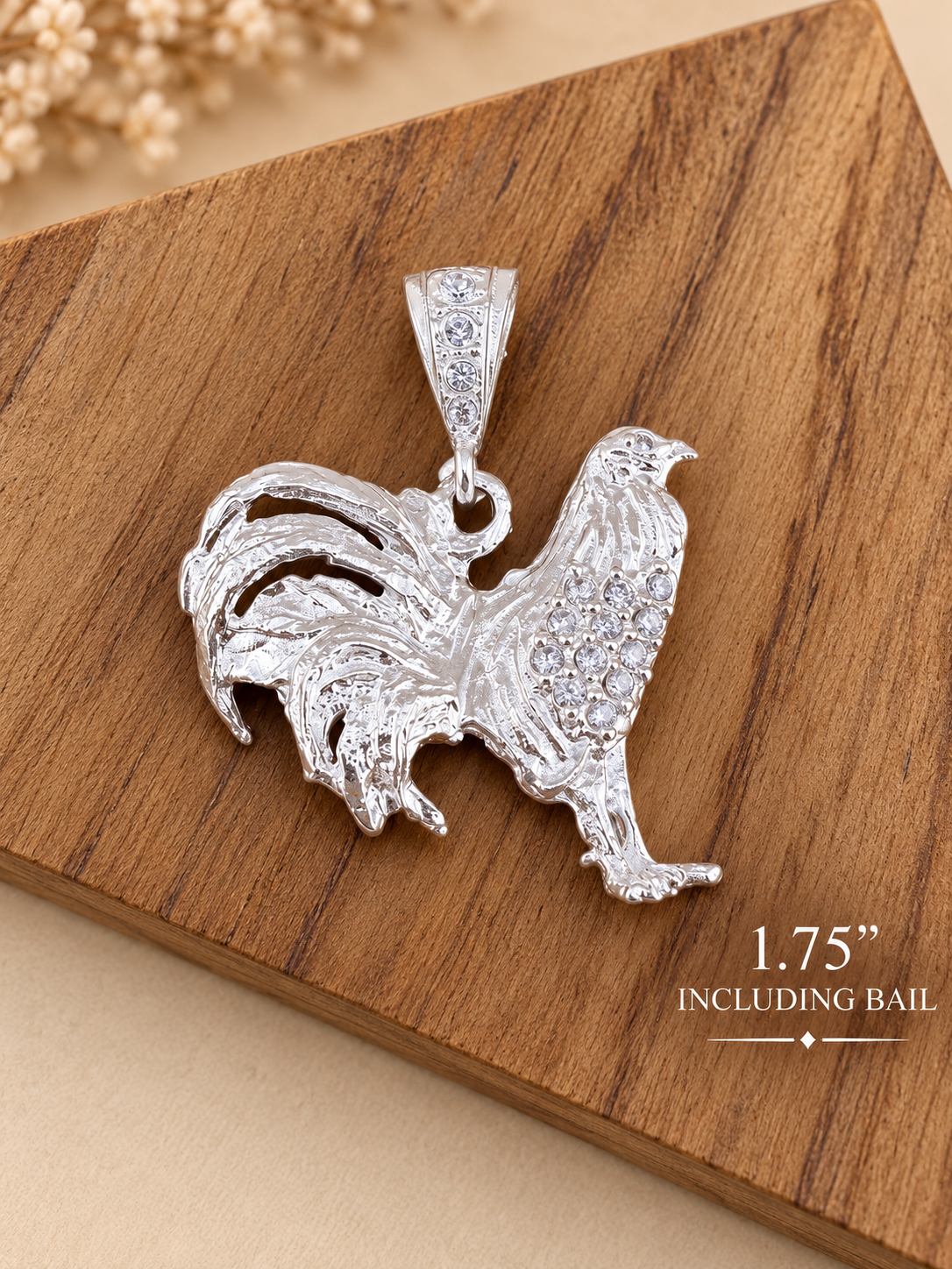 Sterling Silver Rooster Pendant – Detailed Rooster Charm with Sparkling CZ Stones