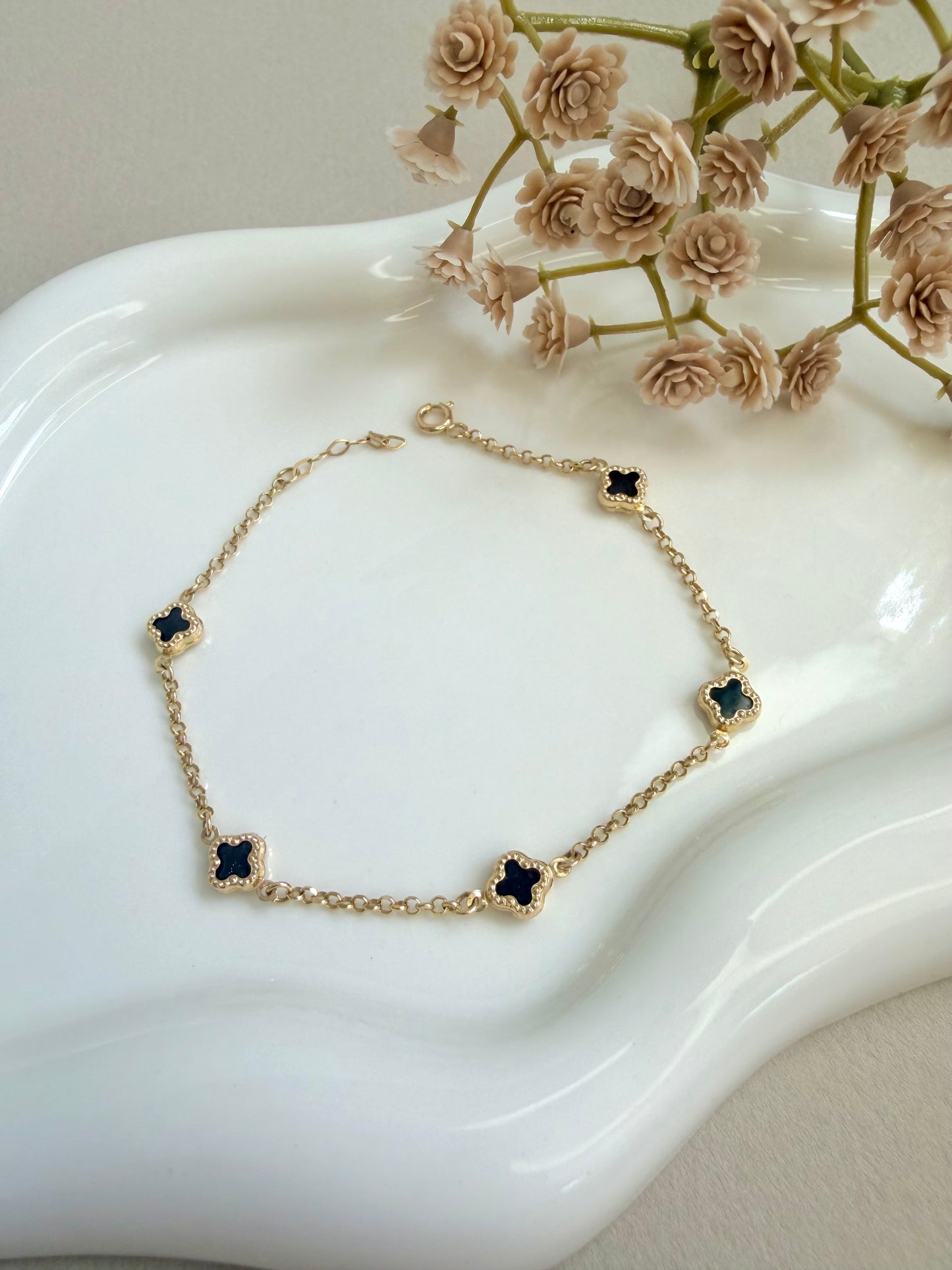 10k Gold flower bracelet , Clovers bracelet , pulseras de Oro 10k
