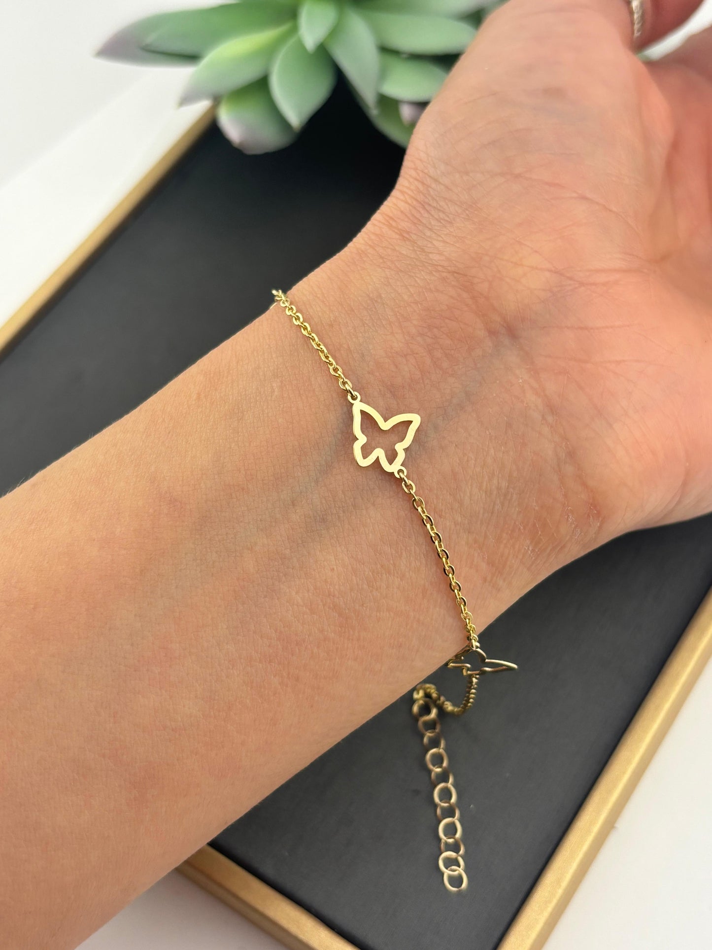 14K Solid Gold Butterfly Bracelet — Minimalist Butterfly Chain Bracelet for Women, Dainty Gold Jewelry, Cute Butterfly Gift for Her, Adjustable
