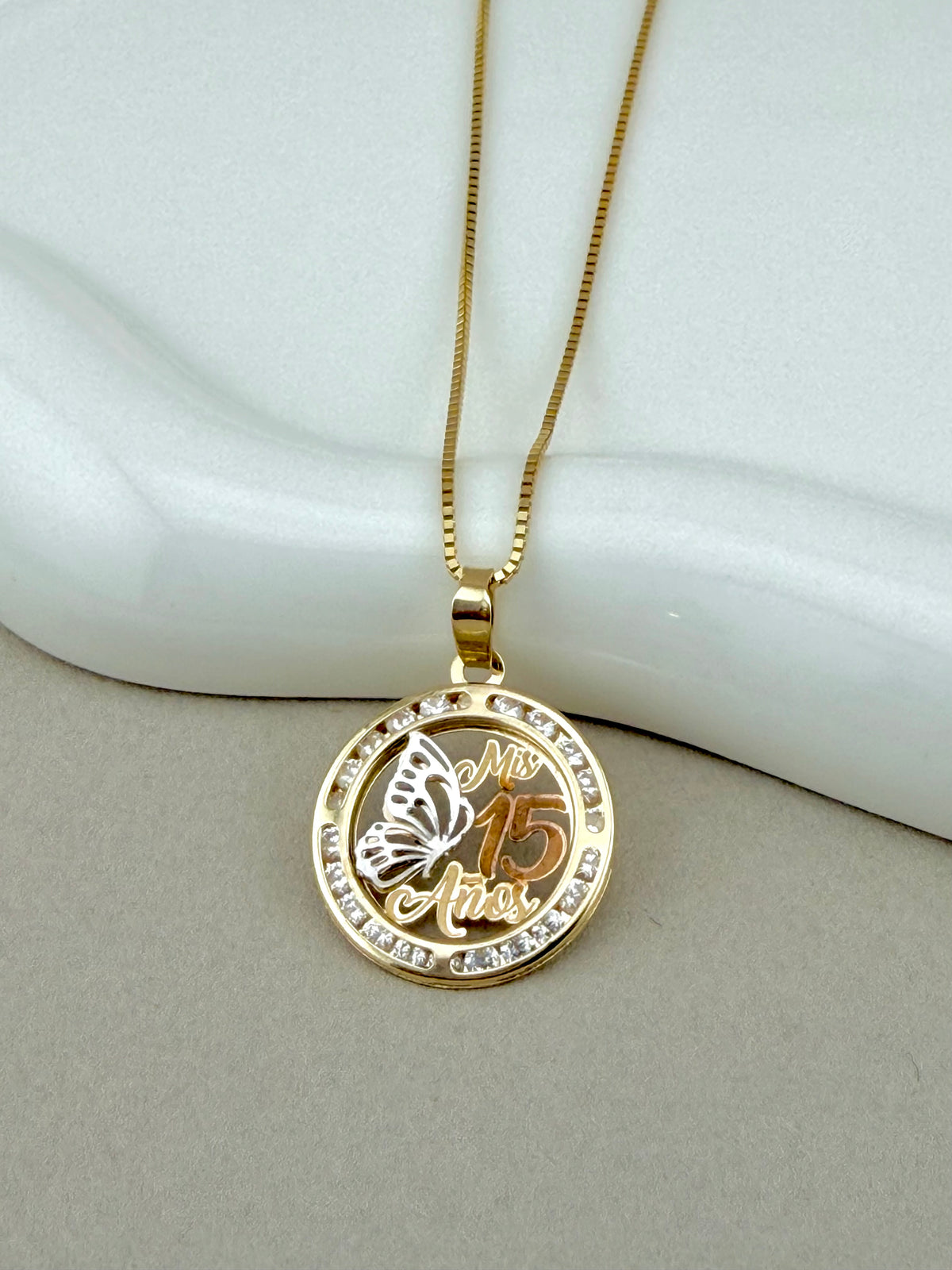 10k Gold quinceañera necklace with box chain 20” butterfly  charm