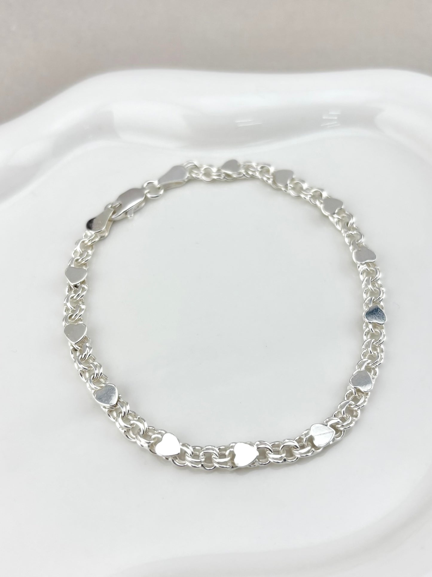 Sterling Silver 925 Chino Link Bracelet with Hearts, pulsera de plata .925