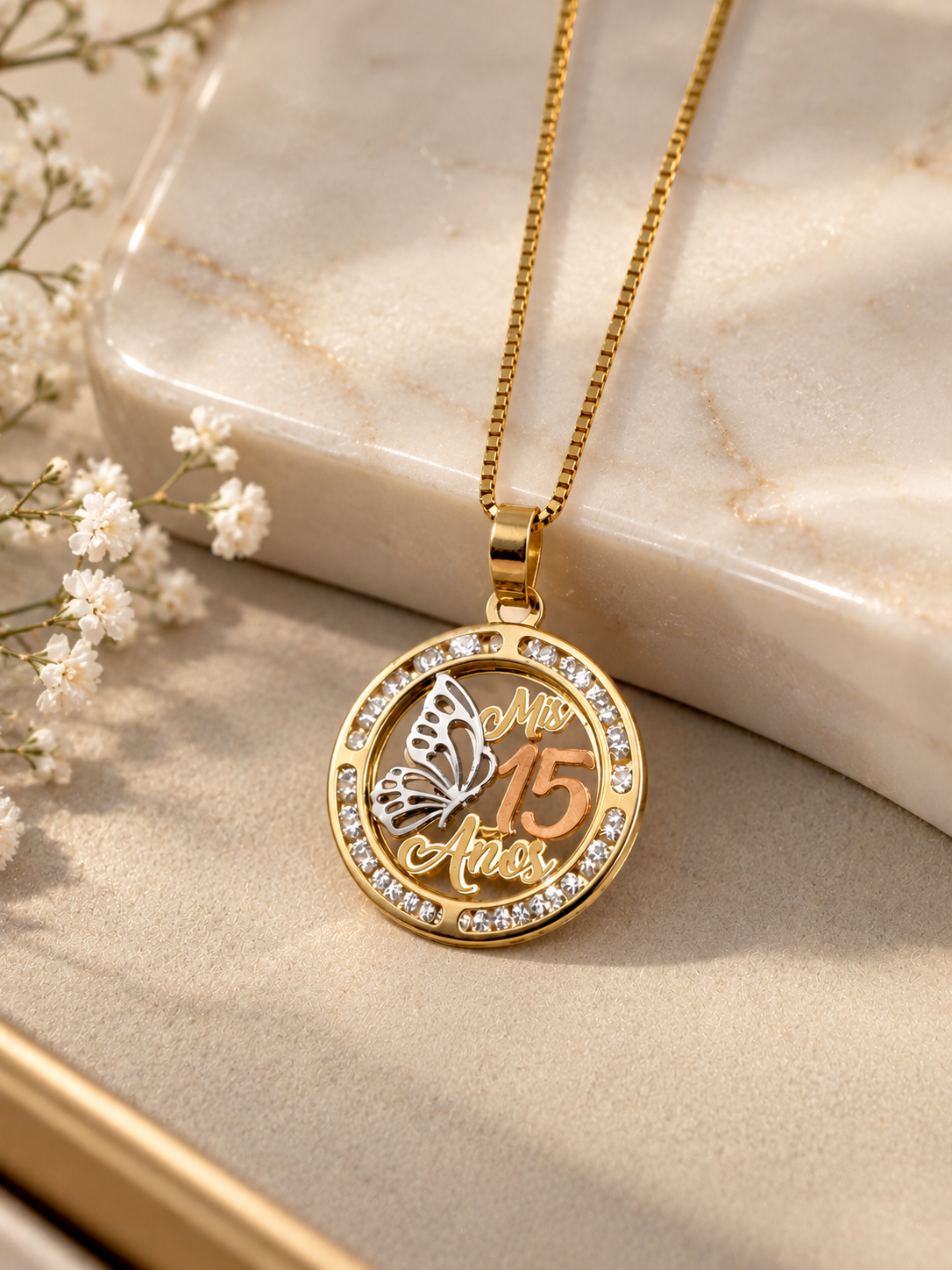 10k Gold quinceañera necklace with box chain 20” butterfly  charm