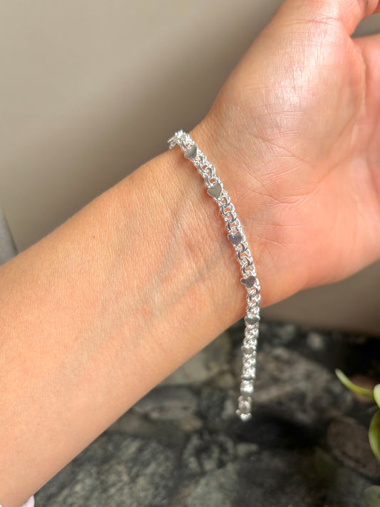 Sterling Silver 925 Chino Link Bracelet with Hearts, pulsera de plata .925