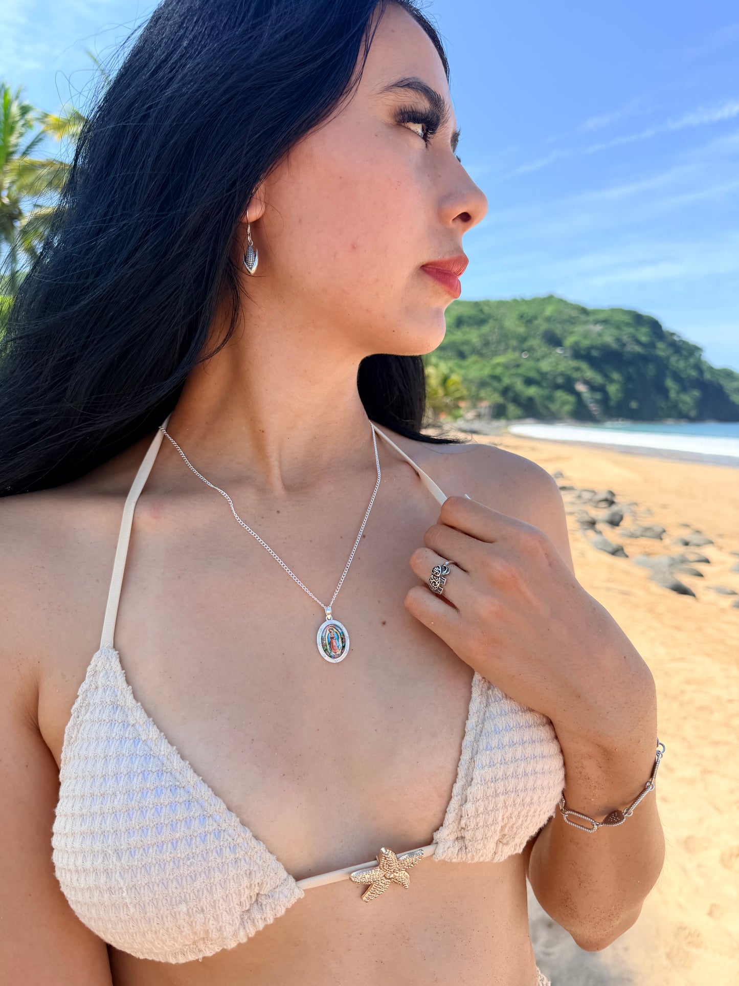 Virgin of Guadalupe Necklace in 925 Sterling Silver | Oval Guadalupe Medal Pendant with 20" 2mm Cuban Chain