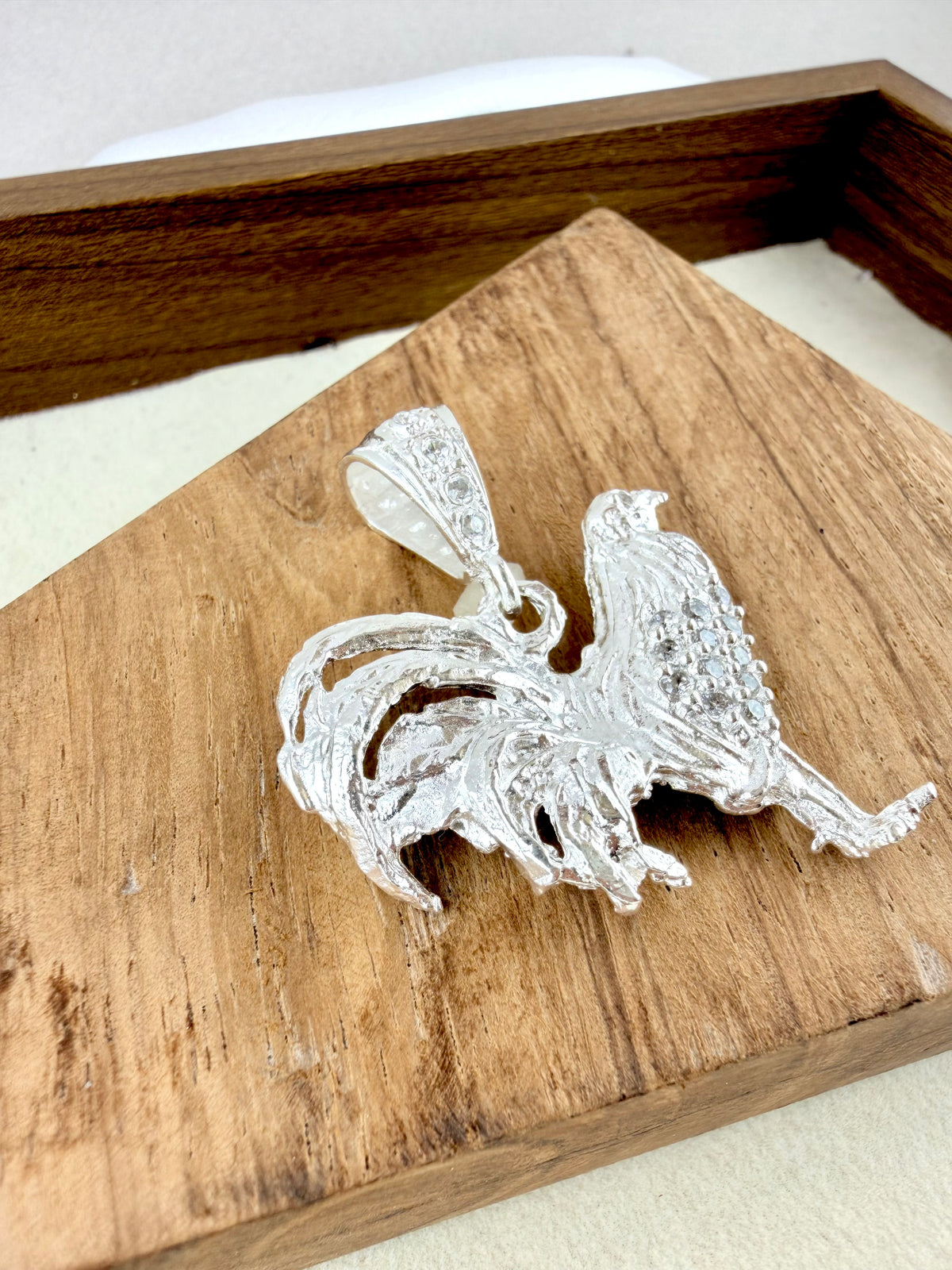 Sterling Silver Rooster Pendant – Detailed Rooster Charm with Sparkling CZ Stones