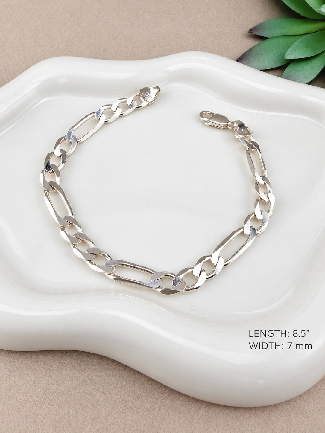 Sterling Silver 925 Figaro Link Bracelet 8.5 Inch, 7mm Wide