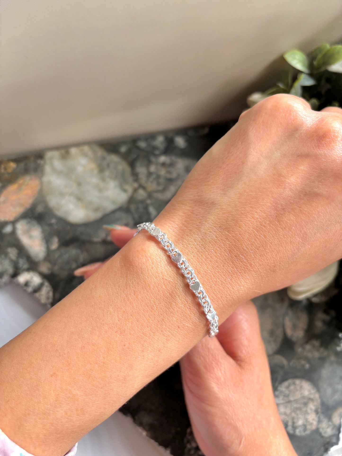 Sterling Silver 925 Chino Link Bracelet with Hearts, pulsera de plata .925