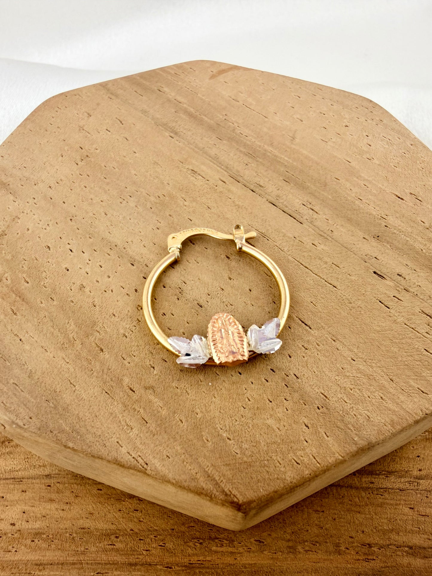 Gold 10k virgencita hoop earrings, Mexican jewelry, Virgin Mary hoops Tri tone gold