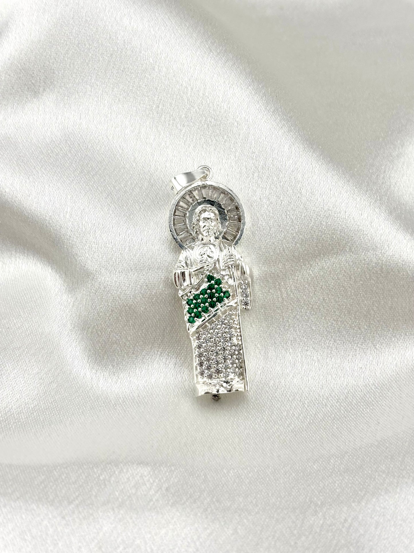 Saint Jude Sterling Silver 925 Pendant with Green & Clear CZ Stones – Patron Saint of Hope