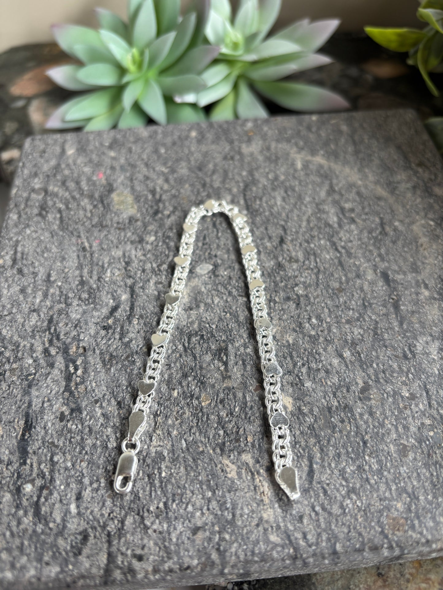 Sterling Silver 925 Chino Link Bracelet with Hearts, pulsera de plata .925