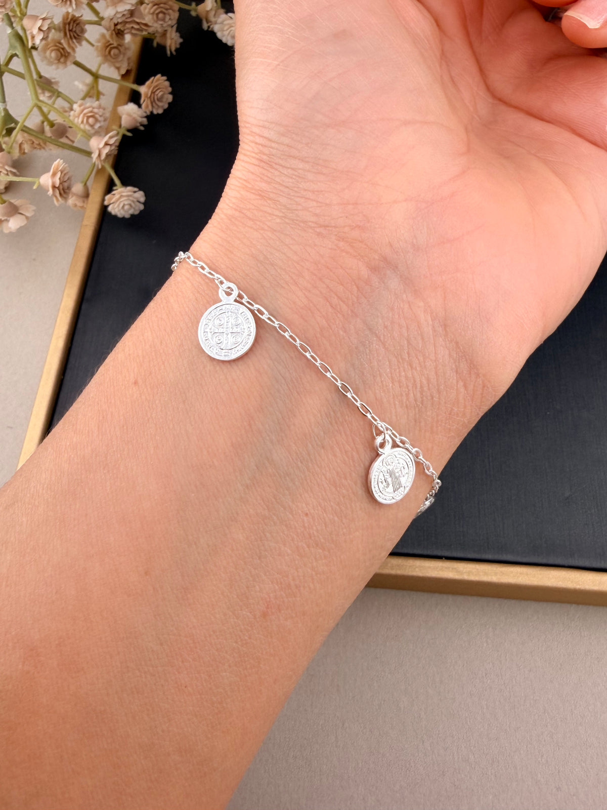 Sterling Silver 925 Saint Benedict Dangle Bracelet – Adjustable 7–8 Inch